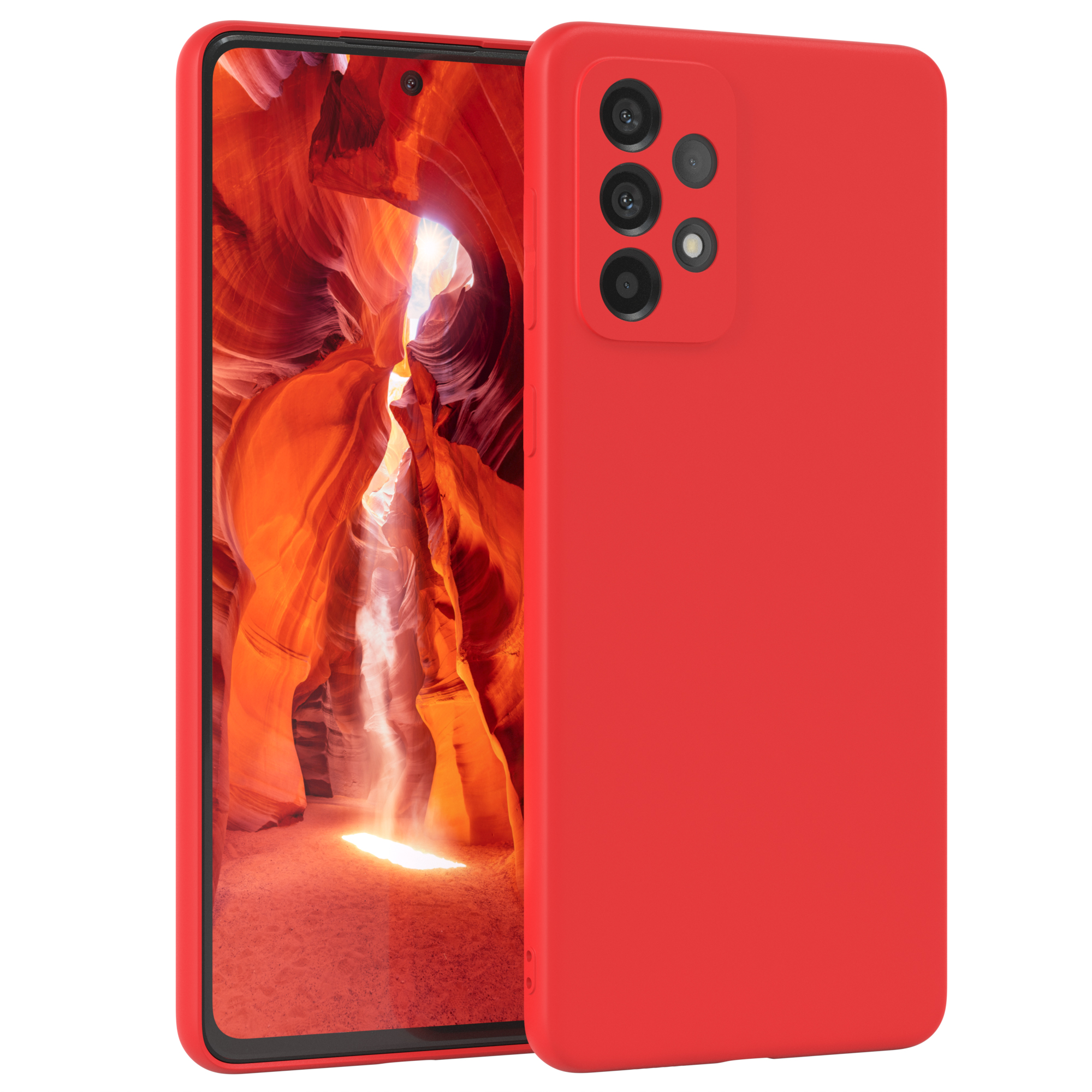 Rote Handyhülle mit einem Telefon darin. Zwei Telefone sind sichtbar. Weißer Hintergrund.