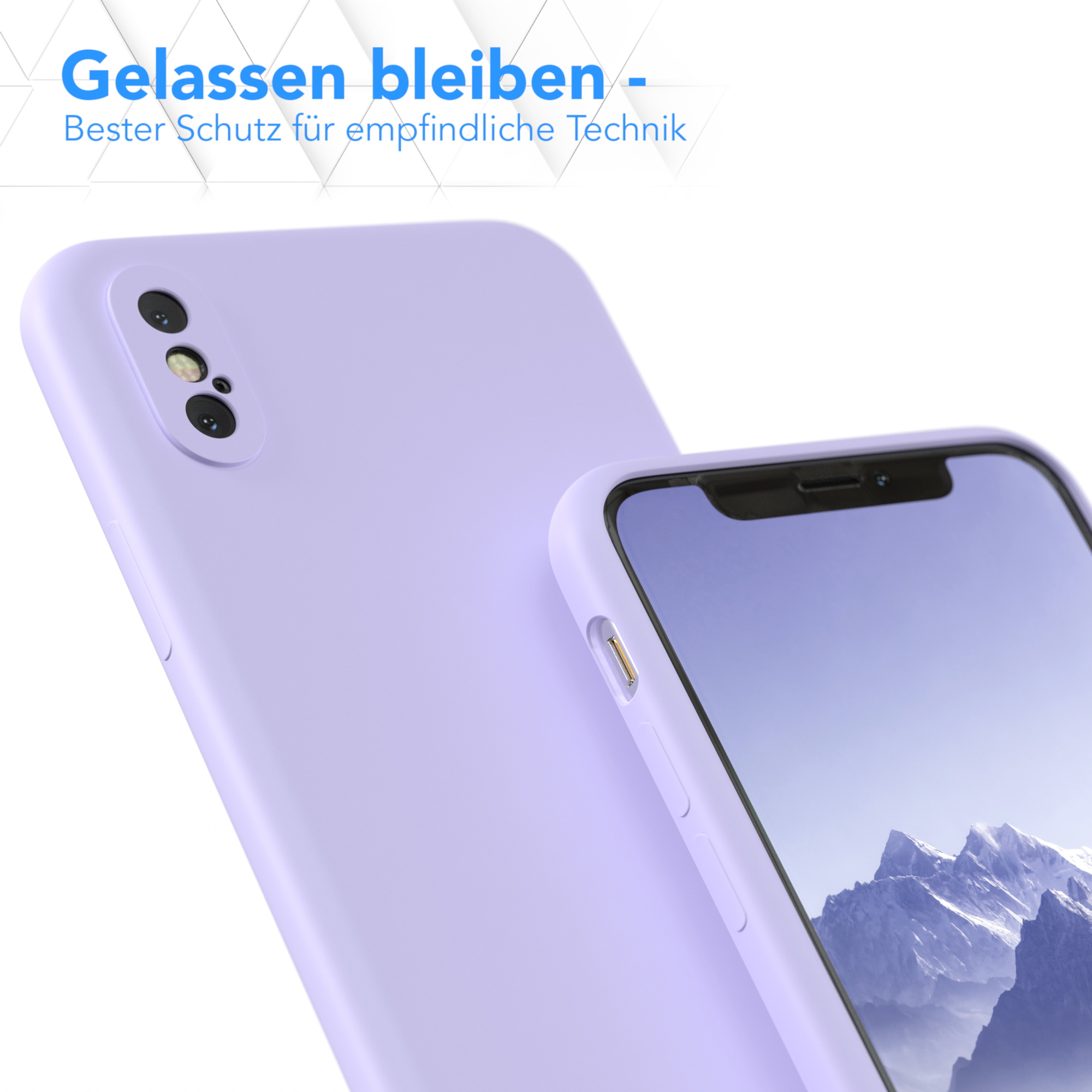 Eine Handyhülle auf einem Telefon, mit Text zum Schutz. Das Telefon ist hellviolett.