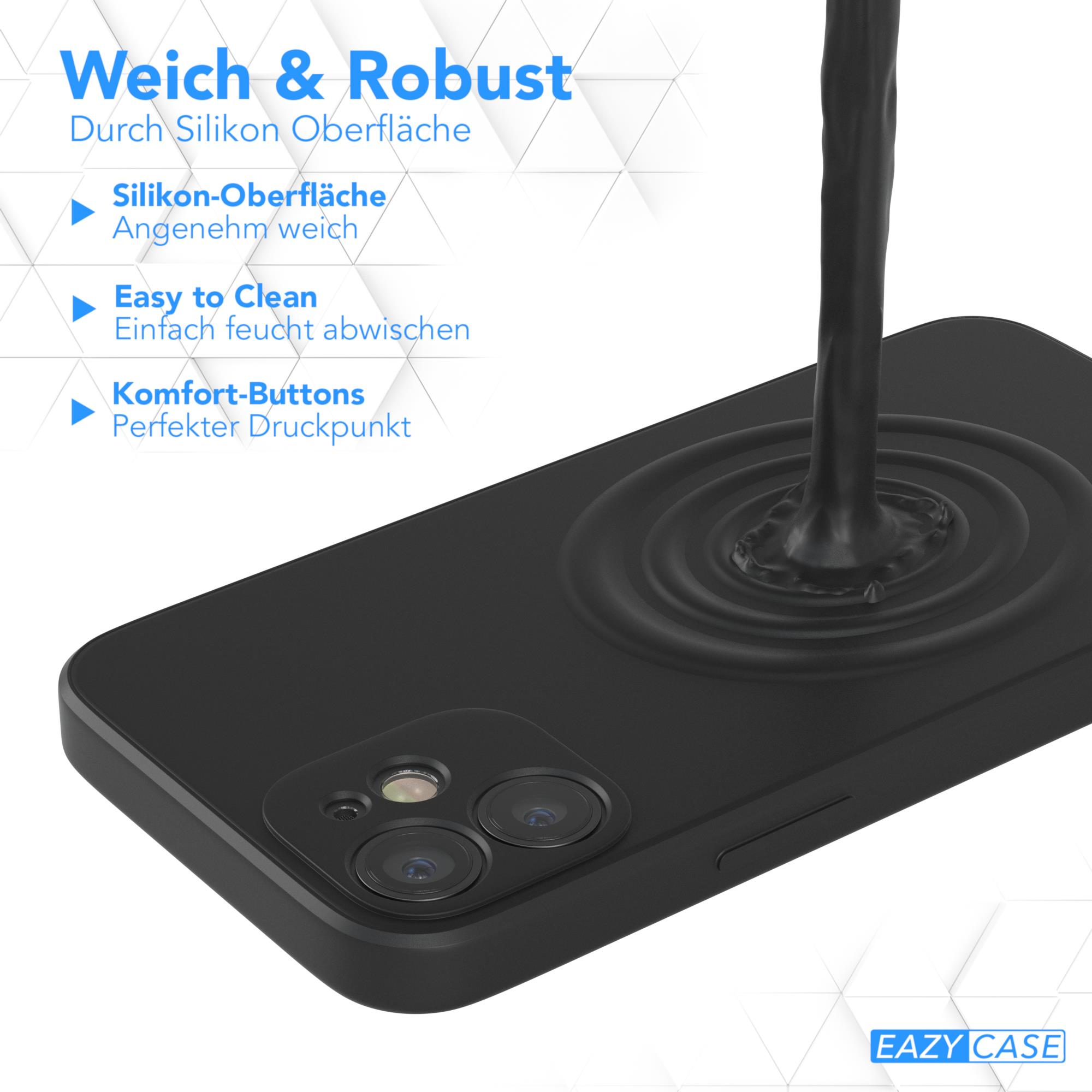 Schwarze Handyhülle mit Flüssigkeit. Text: Weich & Robust, Easy to Clean, und Komfort-Buttons.