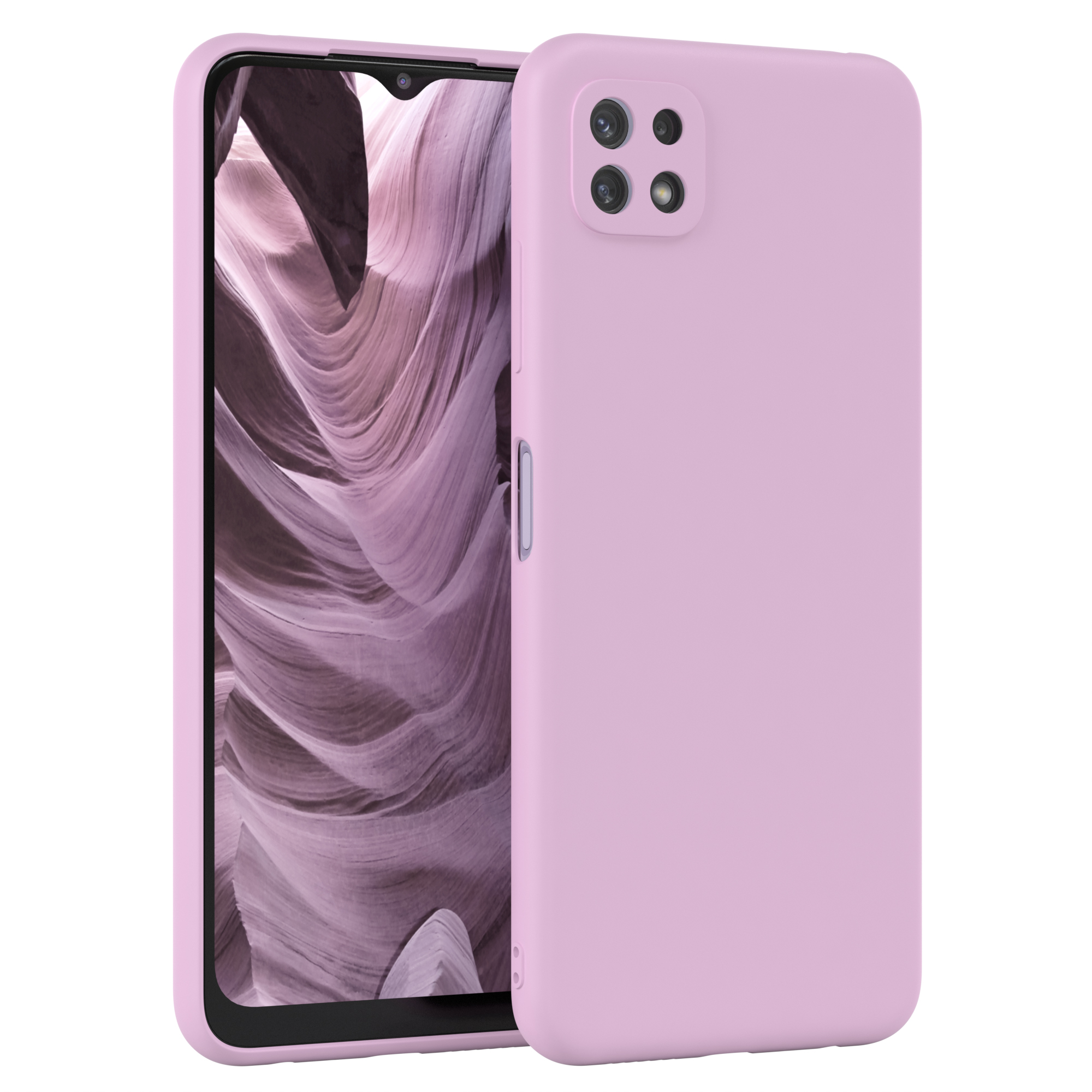 Eine rosa Handyhülle mit einem Telefon darin. Das Telefon hat mehrere Kameras.