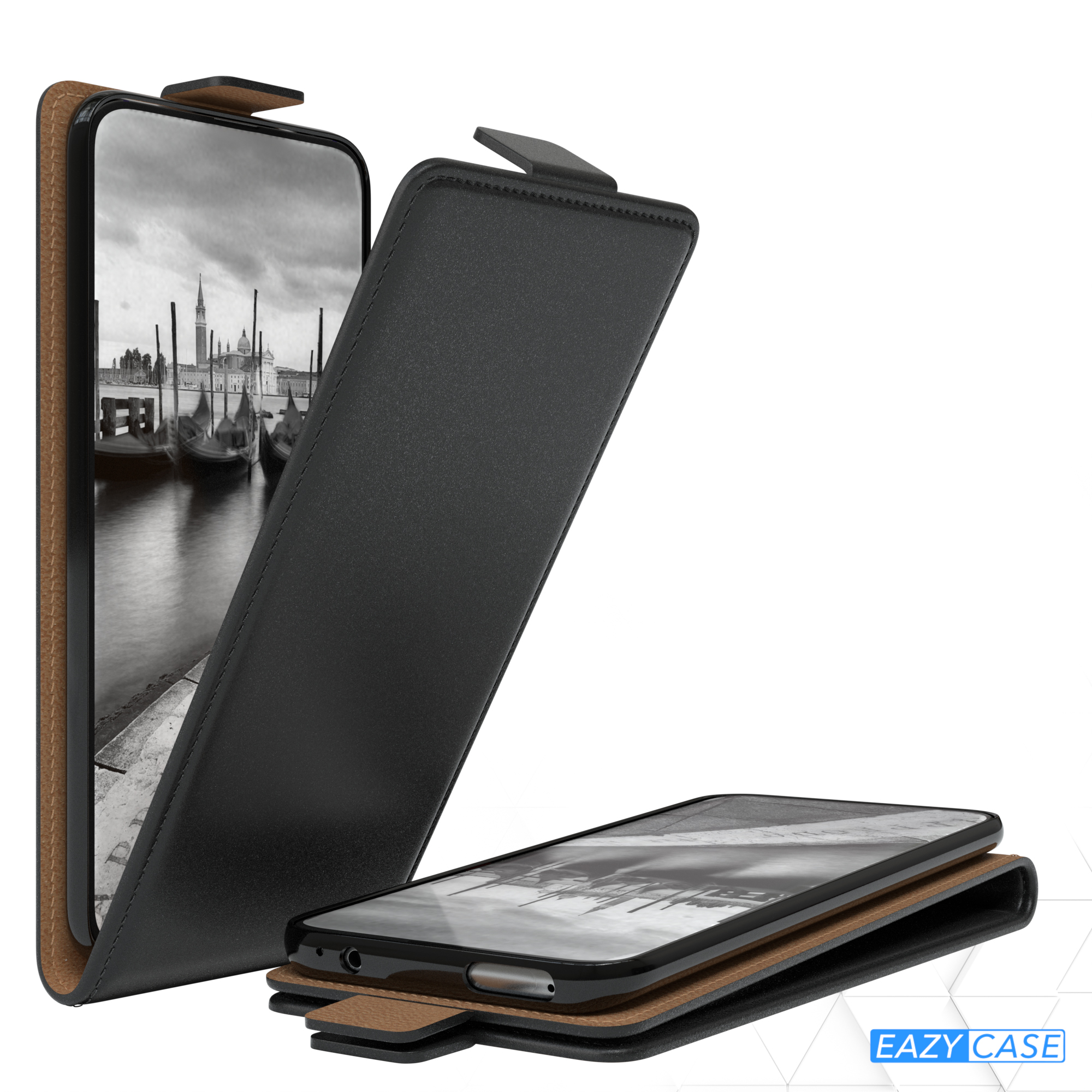 Schwarze Handyhülle mit braunem Innenraum, geöffnet, um ein Telefon mit einem Venedig-Kanalbild zu zeigen.
