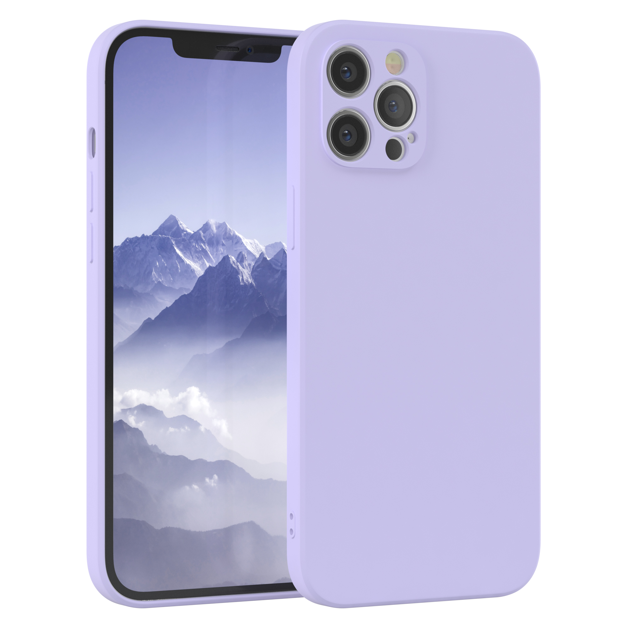 Lila Handyhülle mit Handy. Hintergrund: Berge.
