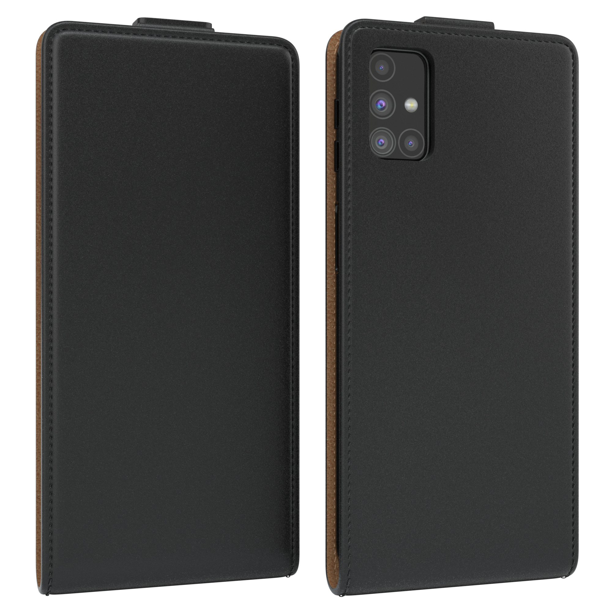 Schwarze Leder-Handyhülle, offen und geschlossen, zeigt das Telefon und seine Kamera.