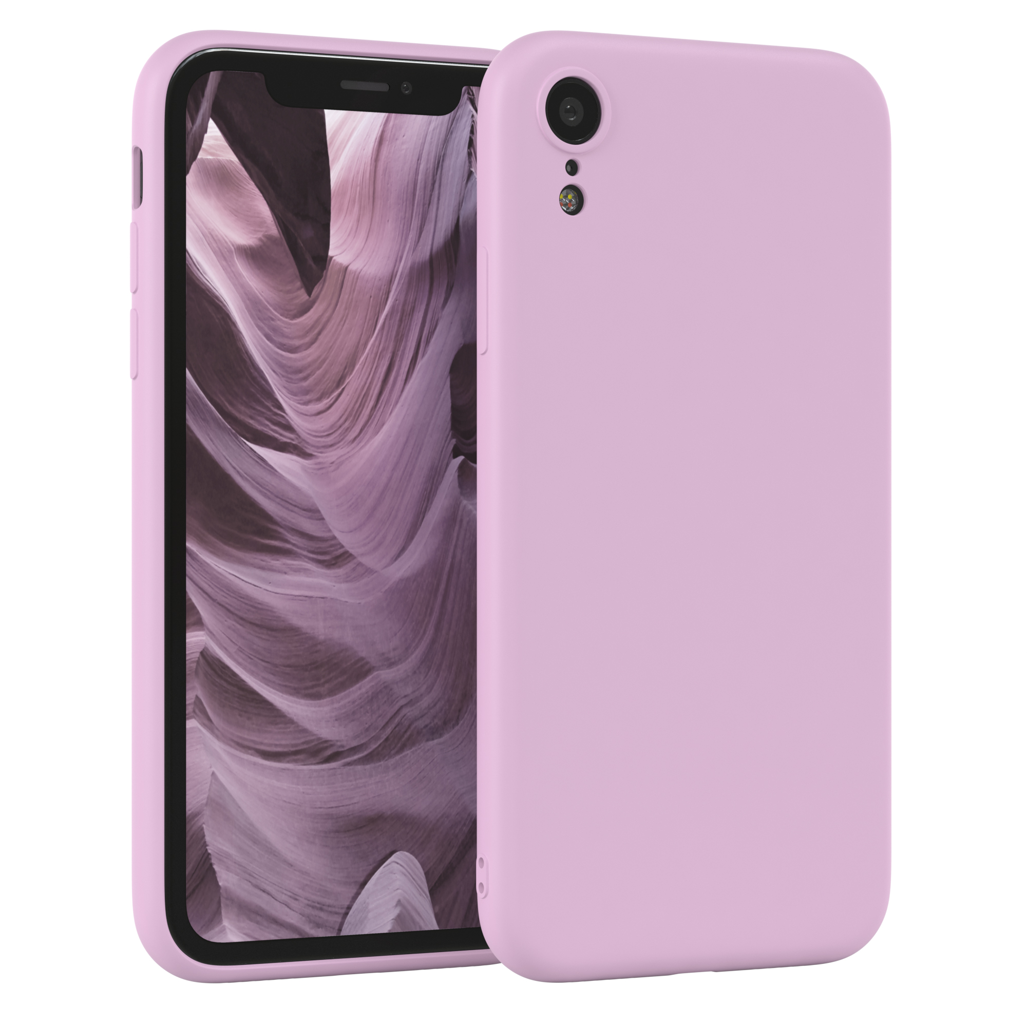 Rosa Handyhülle mit Handy. Der Bildschirm zeigt eine wellenförmige, hellfarbige Felsformation. Einzelne Kamera.