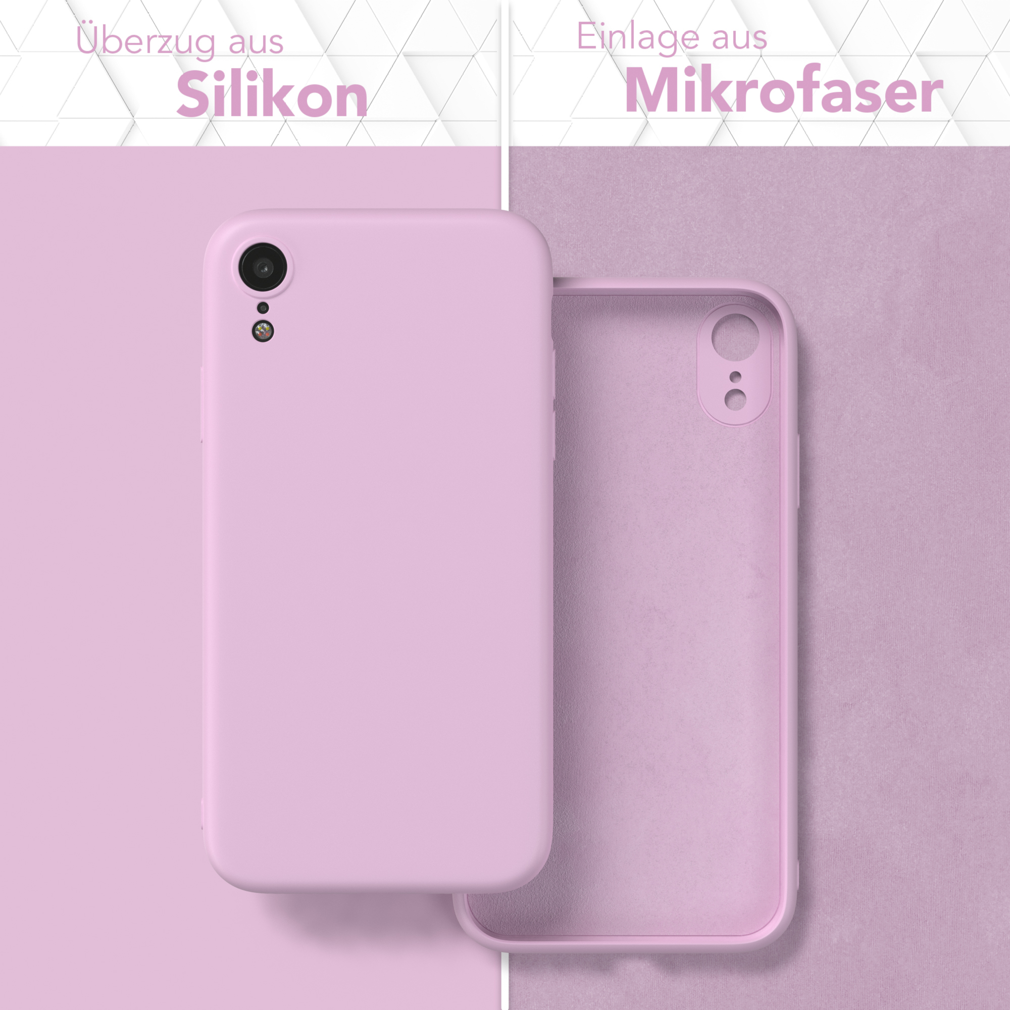Rosa Handyhülle mit Telefon und Mikrofaser. Auf weißem Hintergrund.