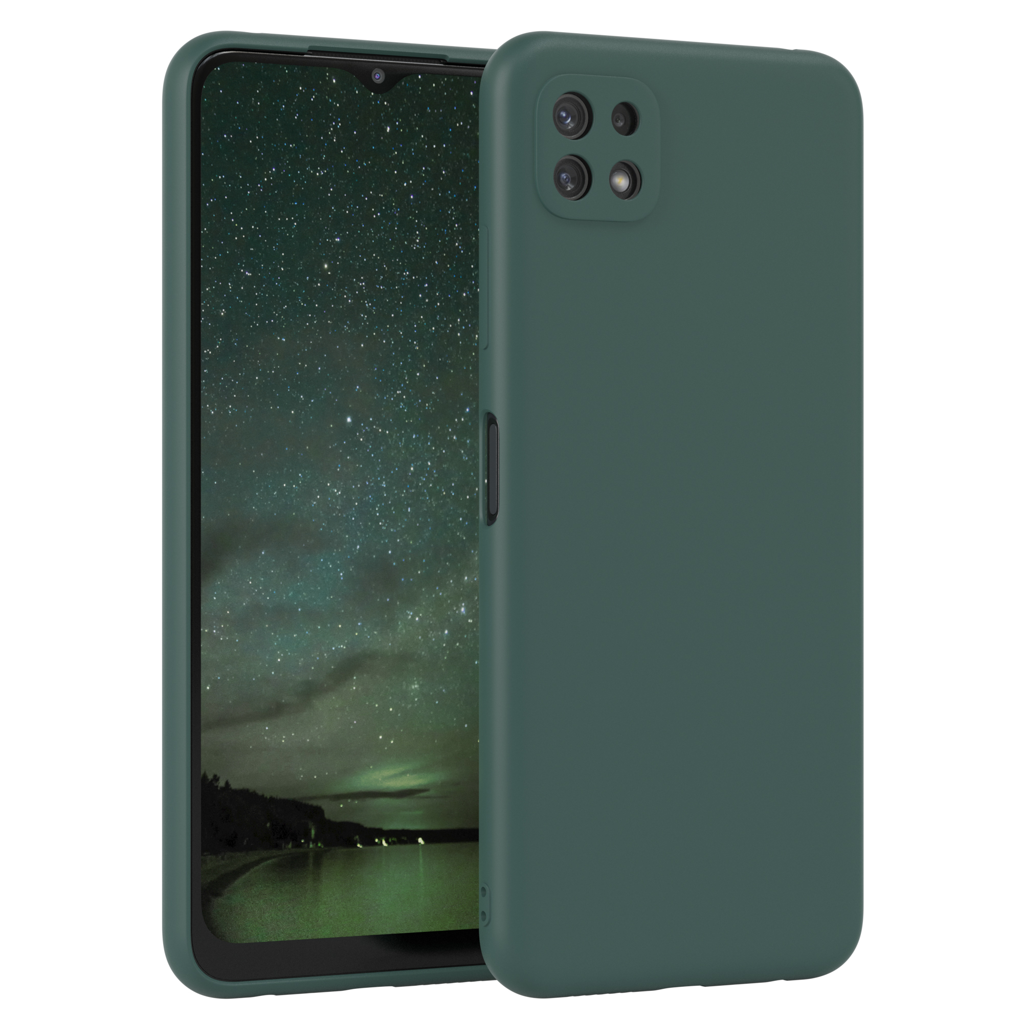 Grüne Handyhülle mit Telefon. Schwarze Kamera, Bildschirm mit Landschaft.