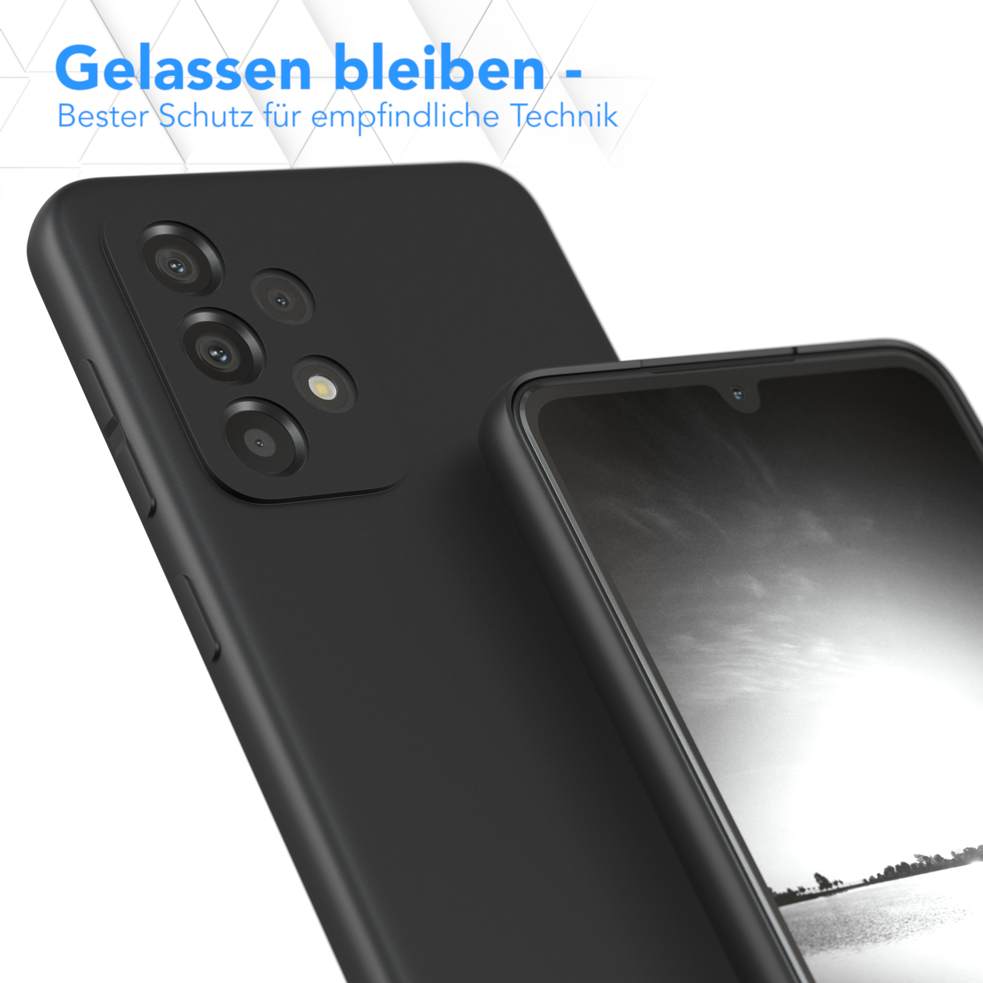 Schwarzes Telefon und Hülle. Text: Gelassen bleiben. Bester Schutz für empfindliche Technik.