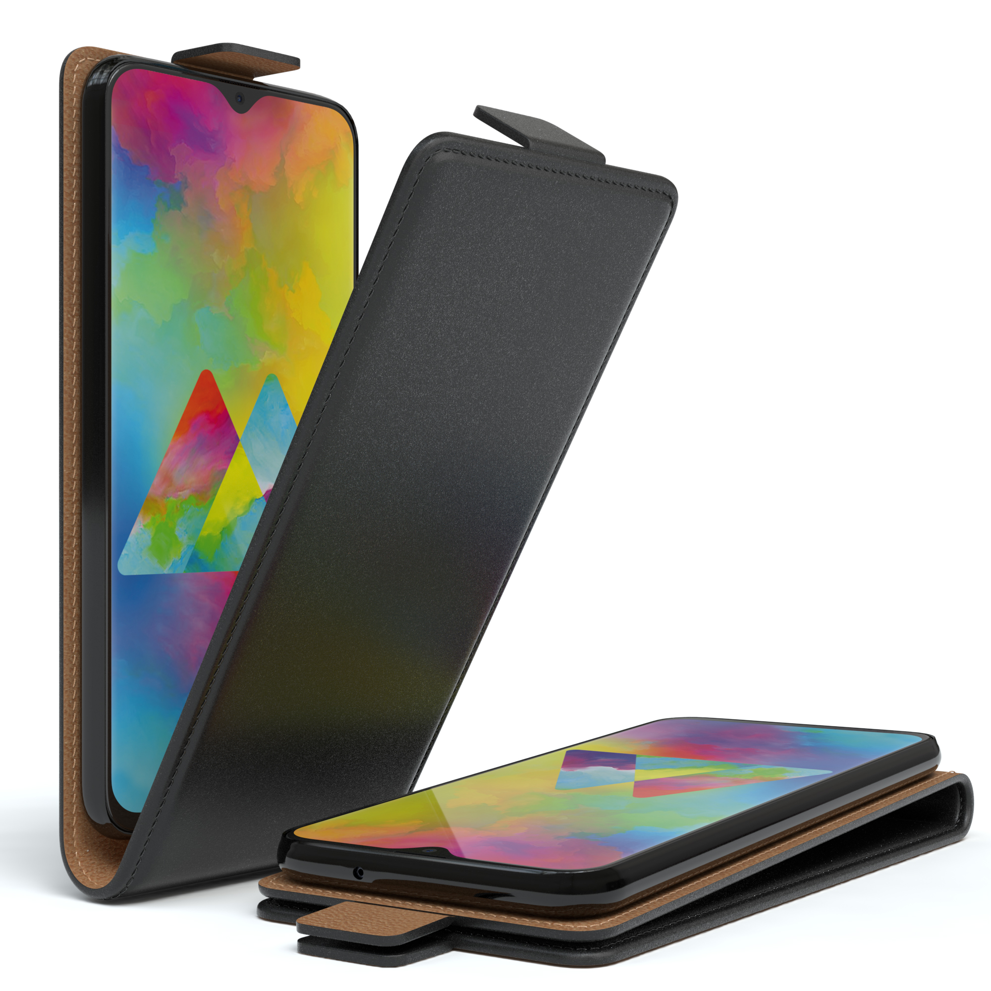 Schwarze Handyhülle mit braunem Innenraum und einem Telefon. Der Bildschirm des Telefons zeigt farbenfrohe Grafiken.