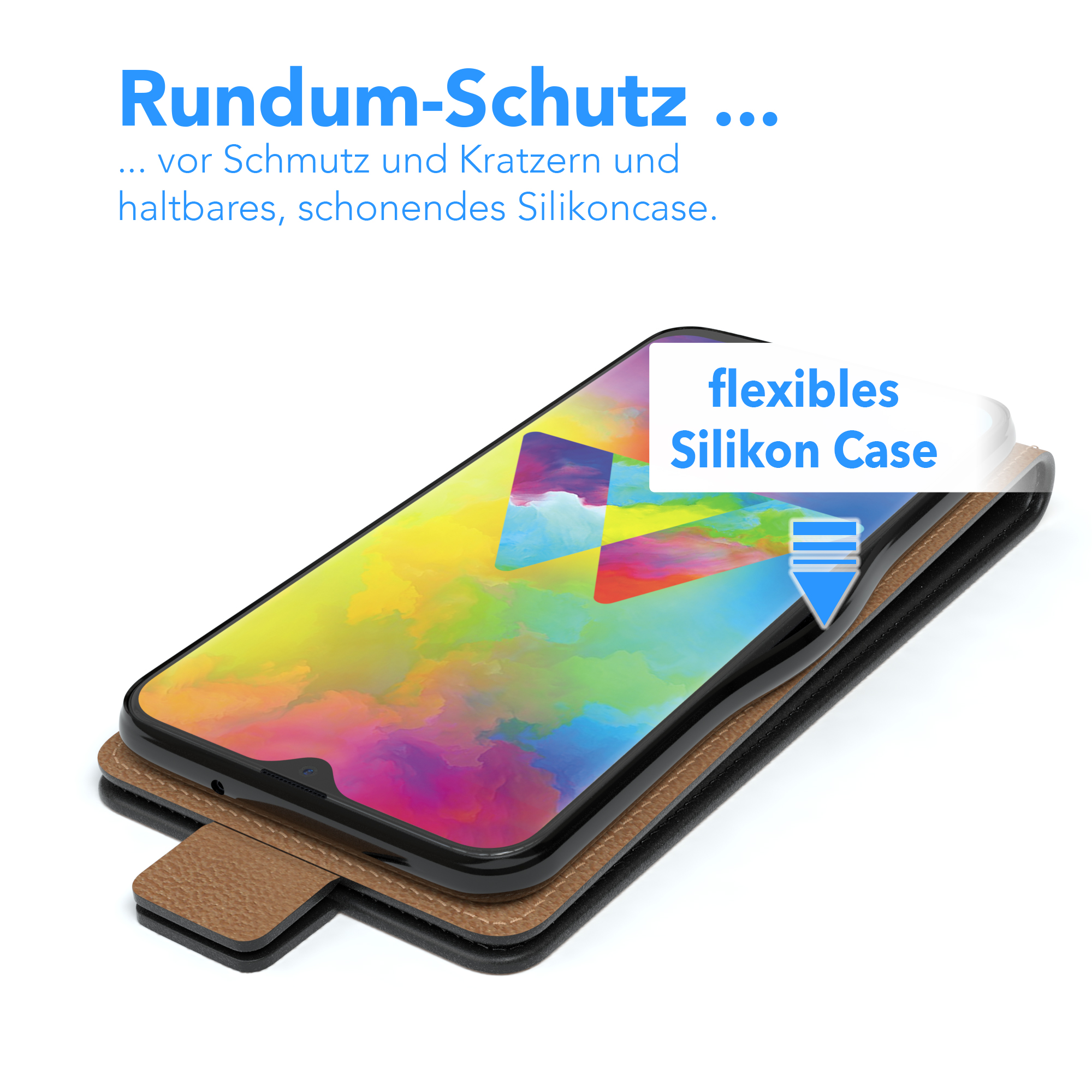 Smartphone in brauner Hülle. Text und Pfeil auf der Hülle. Weißer Hintergrund.