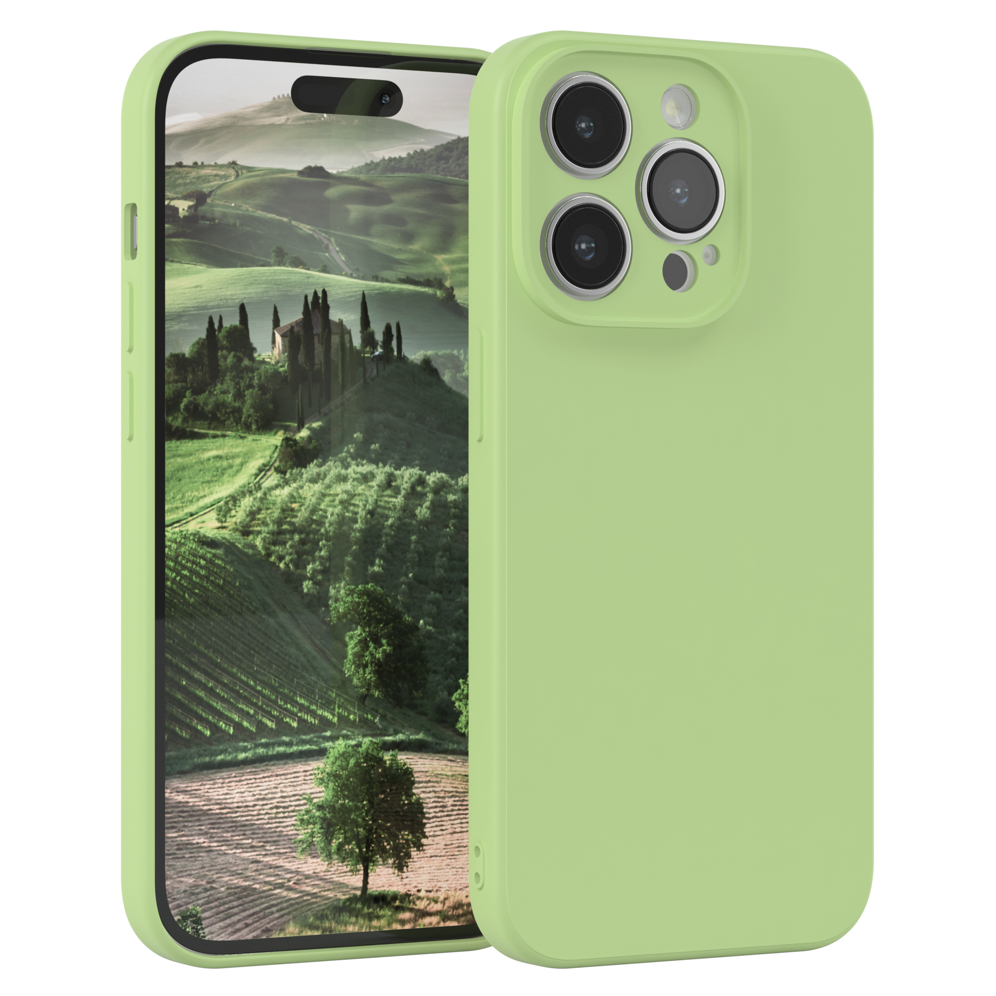 Grünes Handy in Hülle mit Landschaft. Ein grüner Baum ist sichtbar.
