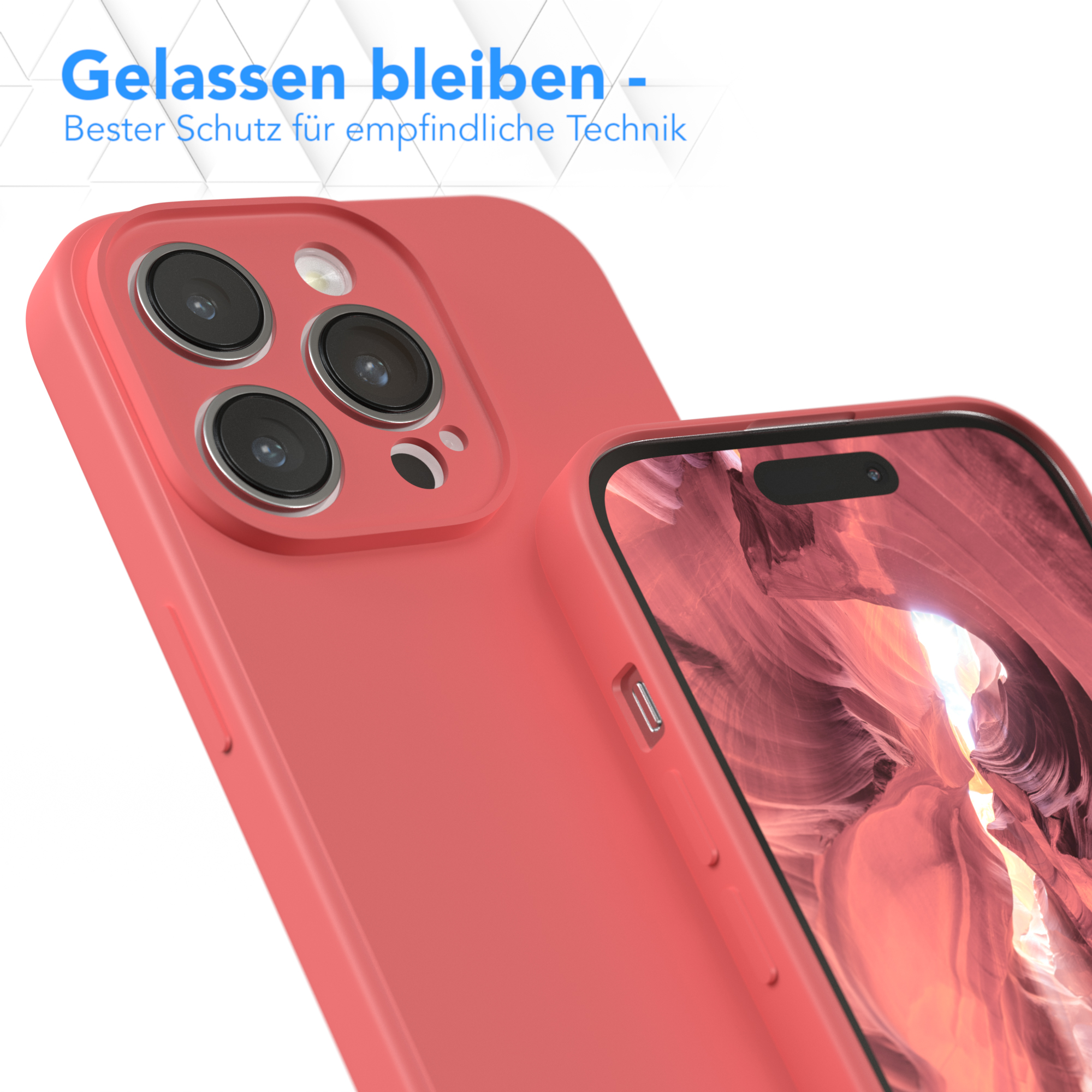 Rosa Handyhülle mit Kameralinsen. Text: "Gelassen bleiben - Bester Schutz für empfindliche Technik."