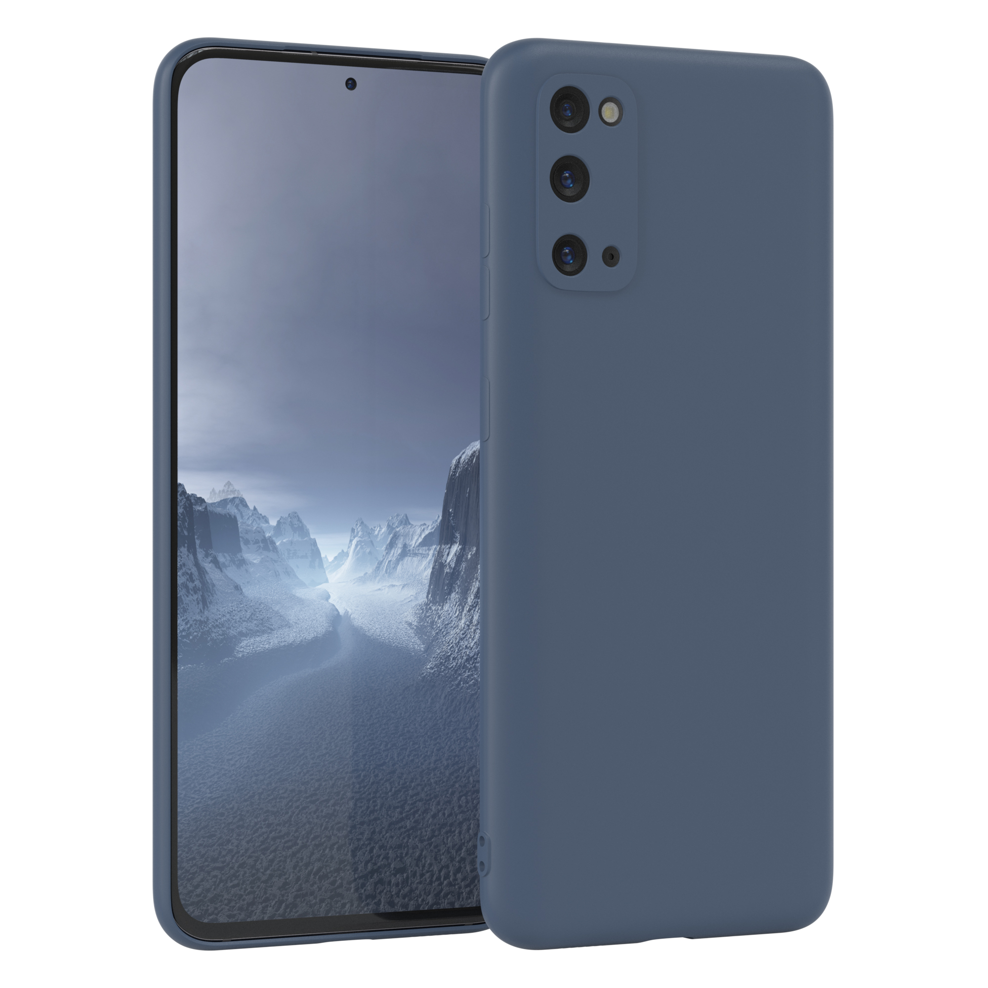 Dunkelblaues Smartphone in passender Hülle, mit Kamerahöcker, vor weißem Hintergrund.