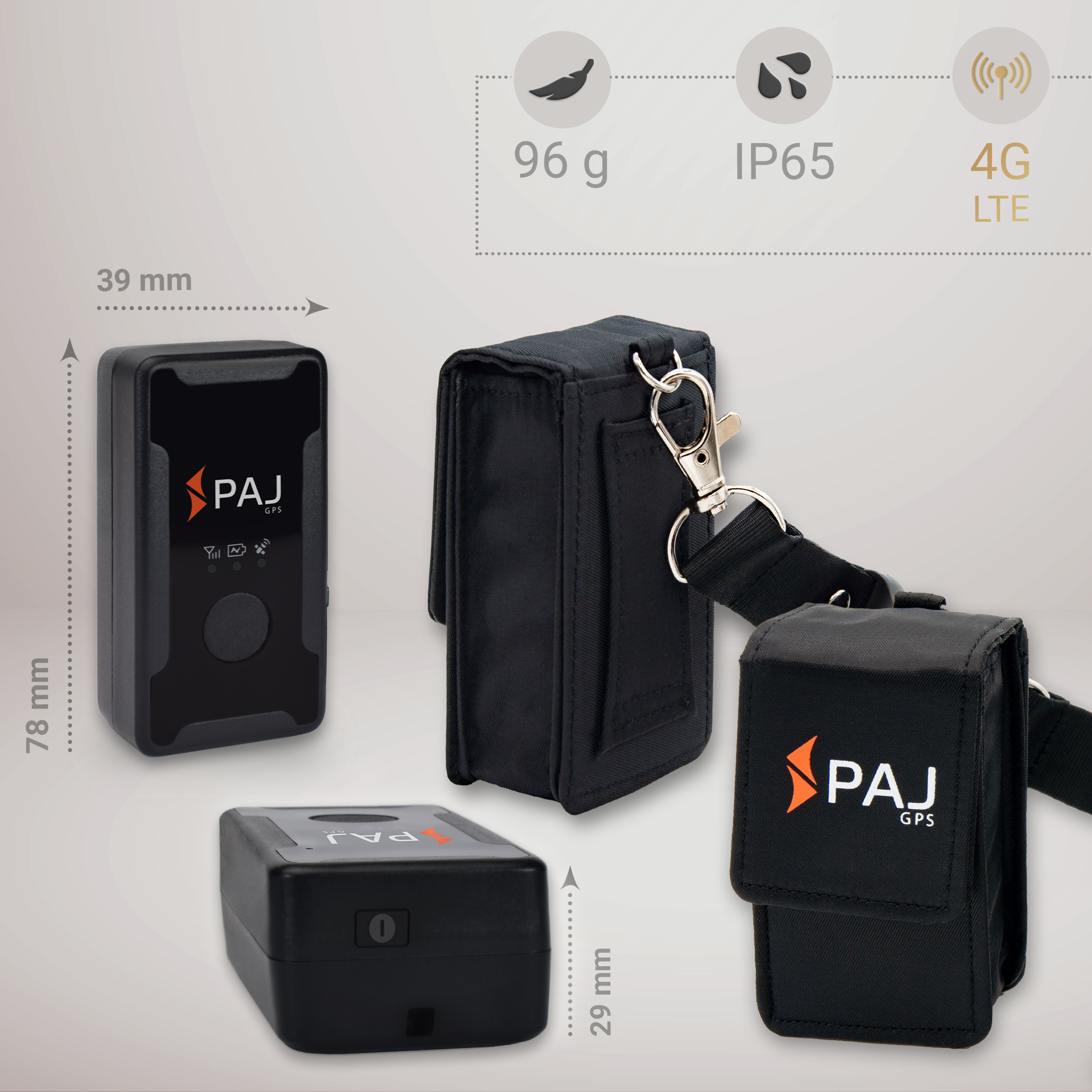Schwarze GPS-Tracker mit Zubehör, Abmessungen und Symbolen auf weißem Hintergrund.