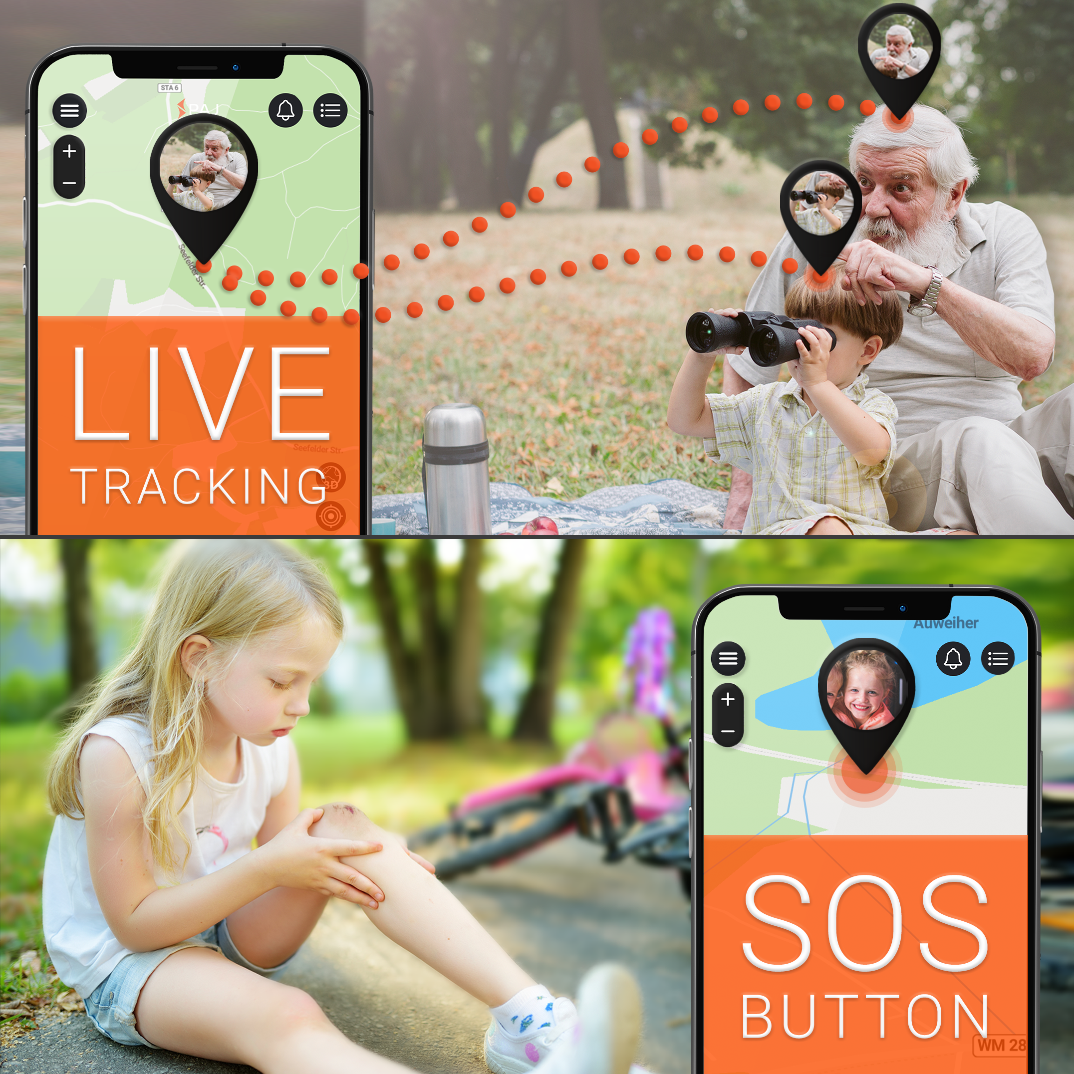 Zwei Telefone zeigen Tracking- und SOS-Funktionen; Personen im Hintergrund.