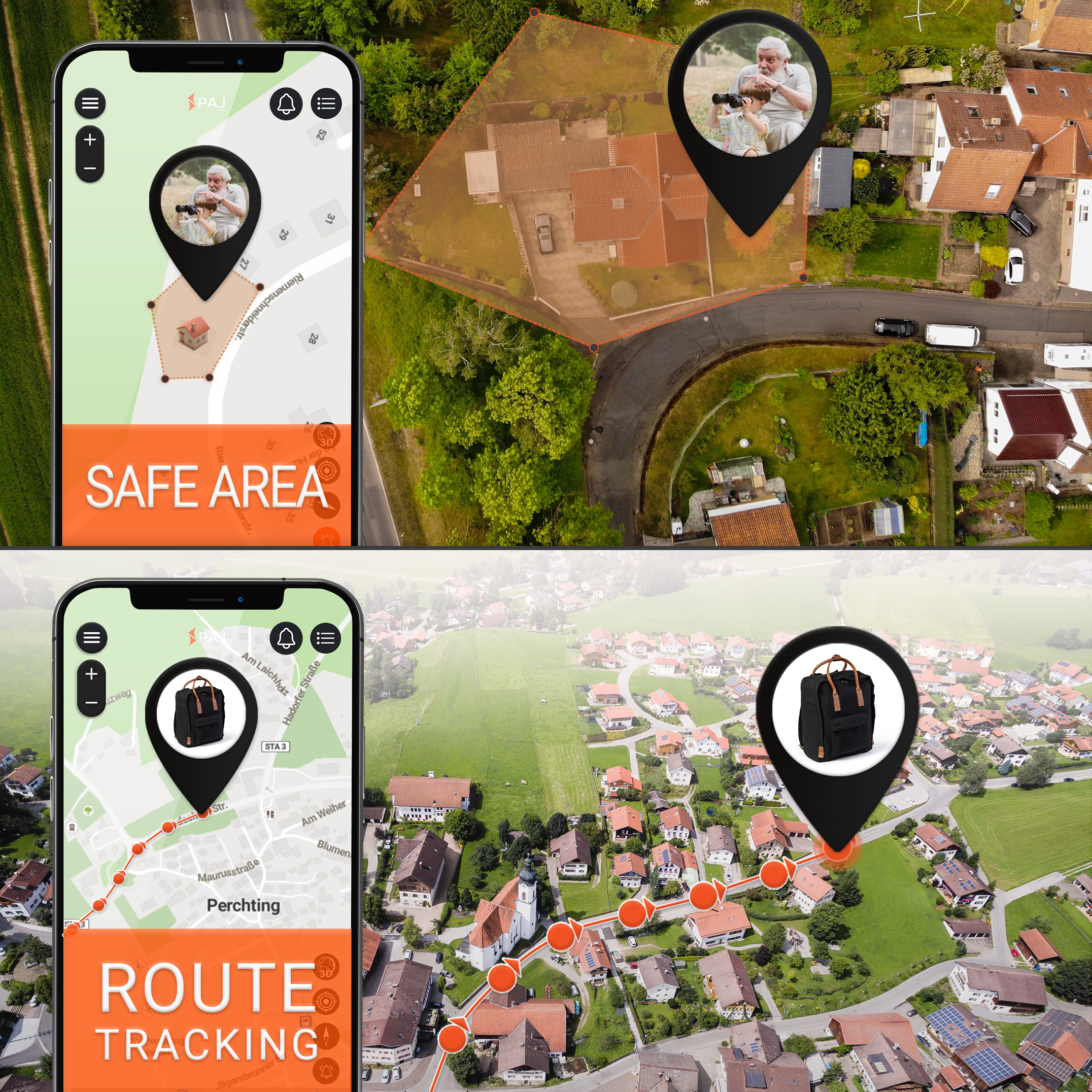 Zwei Telefone, die Navigations-Apps über einer Stadt anzeigen, eines zeigt einen sicheren Bereich.