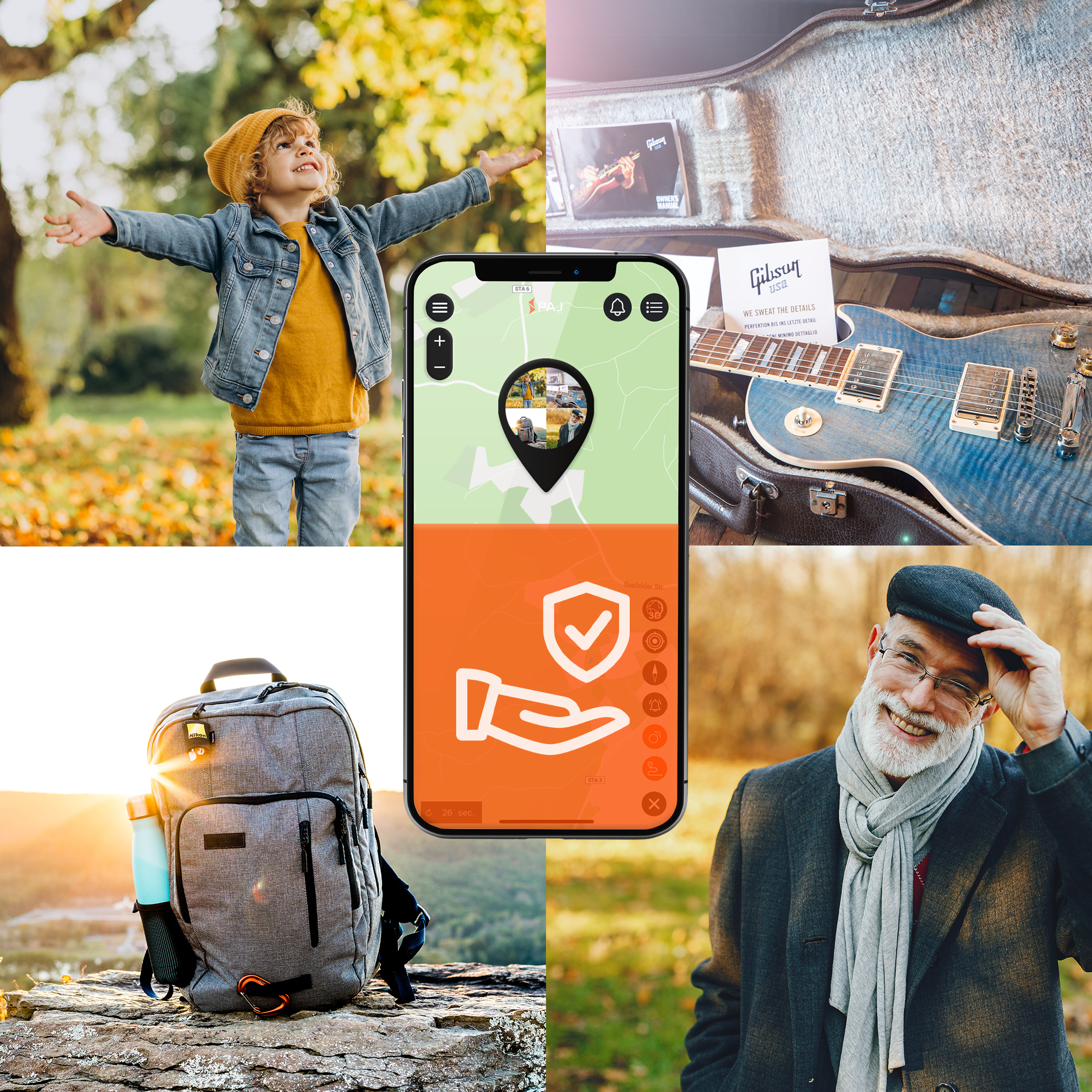 Collage von Personen, Gitarre, Rucksack und Telefonbildschirm mit Standort- und Sicherheitssymbolen.