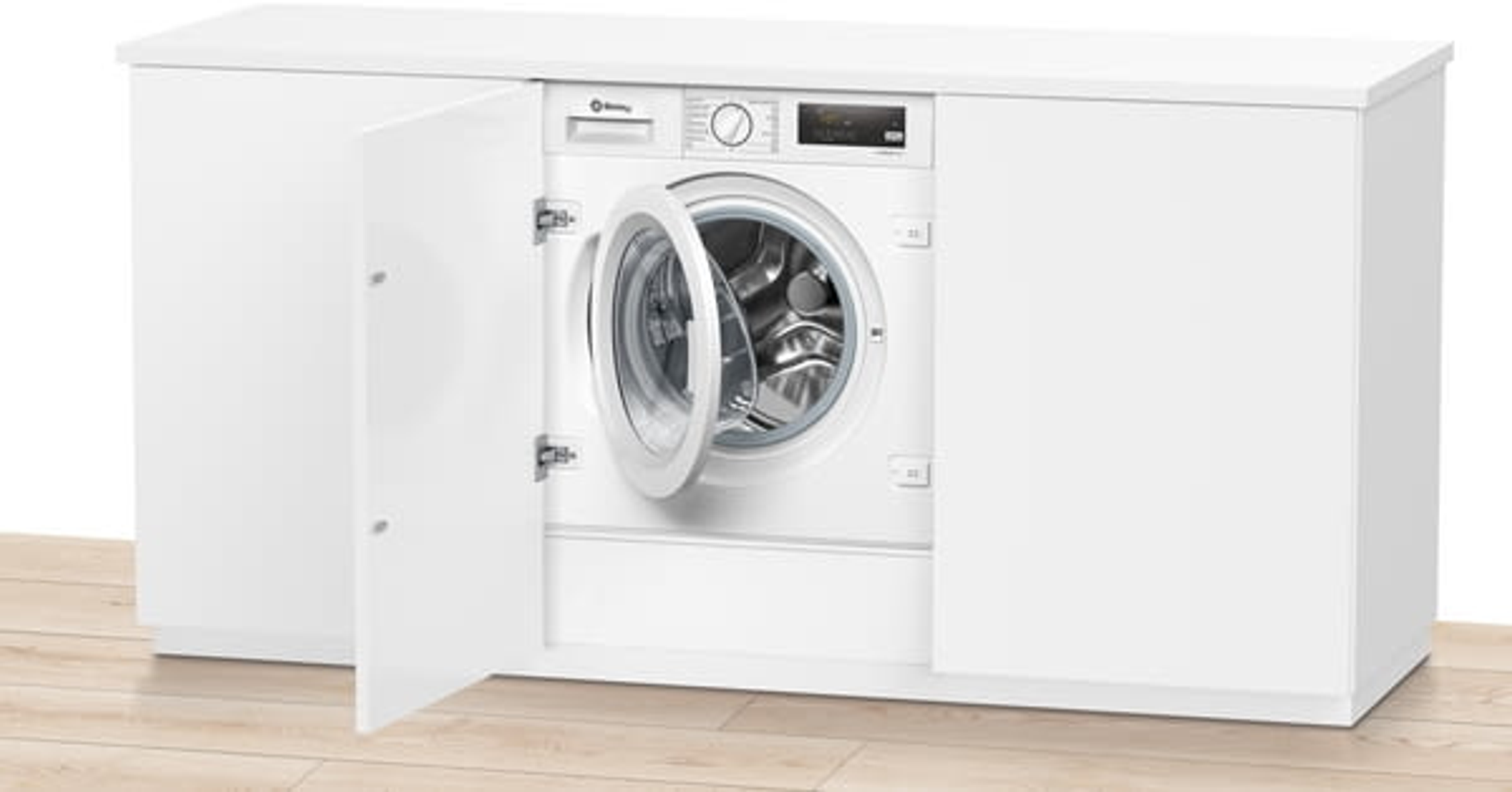 Biała pralka znajduje się w białej szafce z dwiema otwartymi drzwiami.