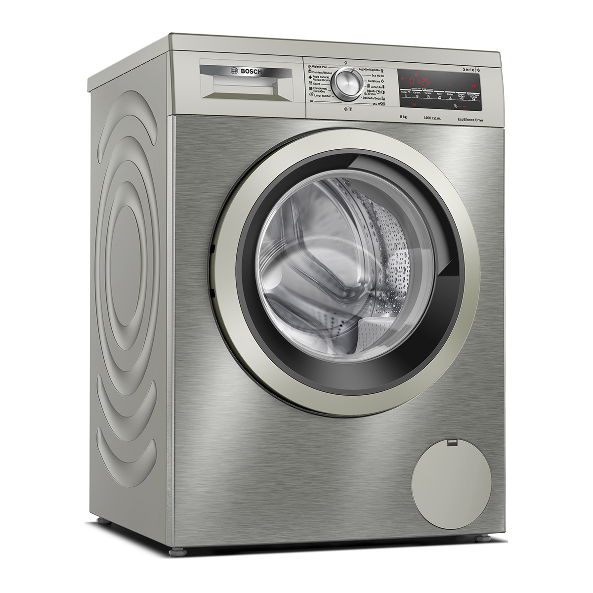 Eine silberne Waschmaschine mit Glastür, mit dem Bosch-Logo.