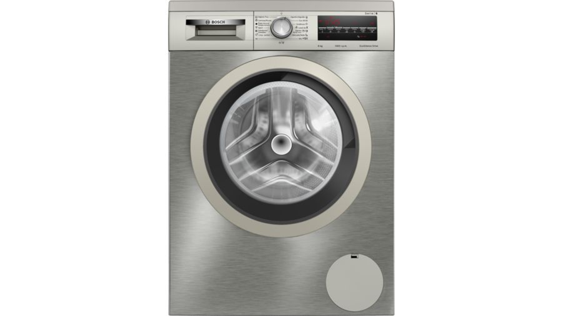 Eine silber-beige Waschmaschine, Vorderansicht, vor weißem Hintergrund.