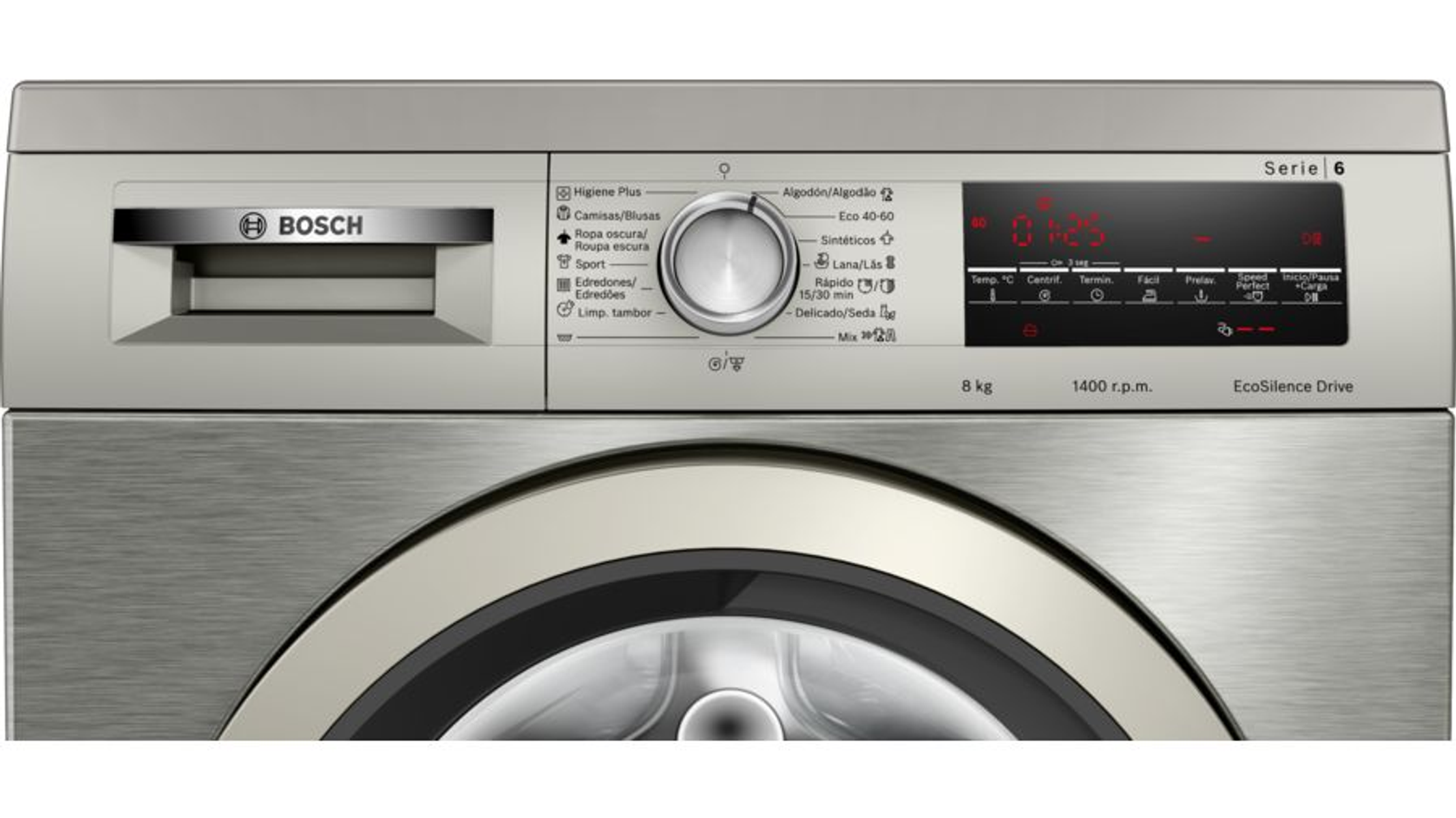Bosch Waschmaschinen-Bedienfeld. Graue Oberfläche mit Knöpfen und Digitalanzeige mit Zeit.