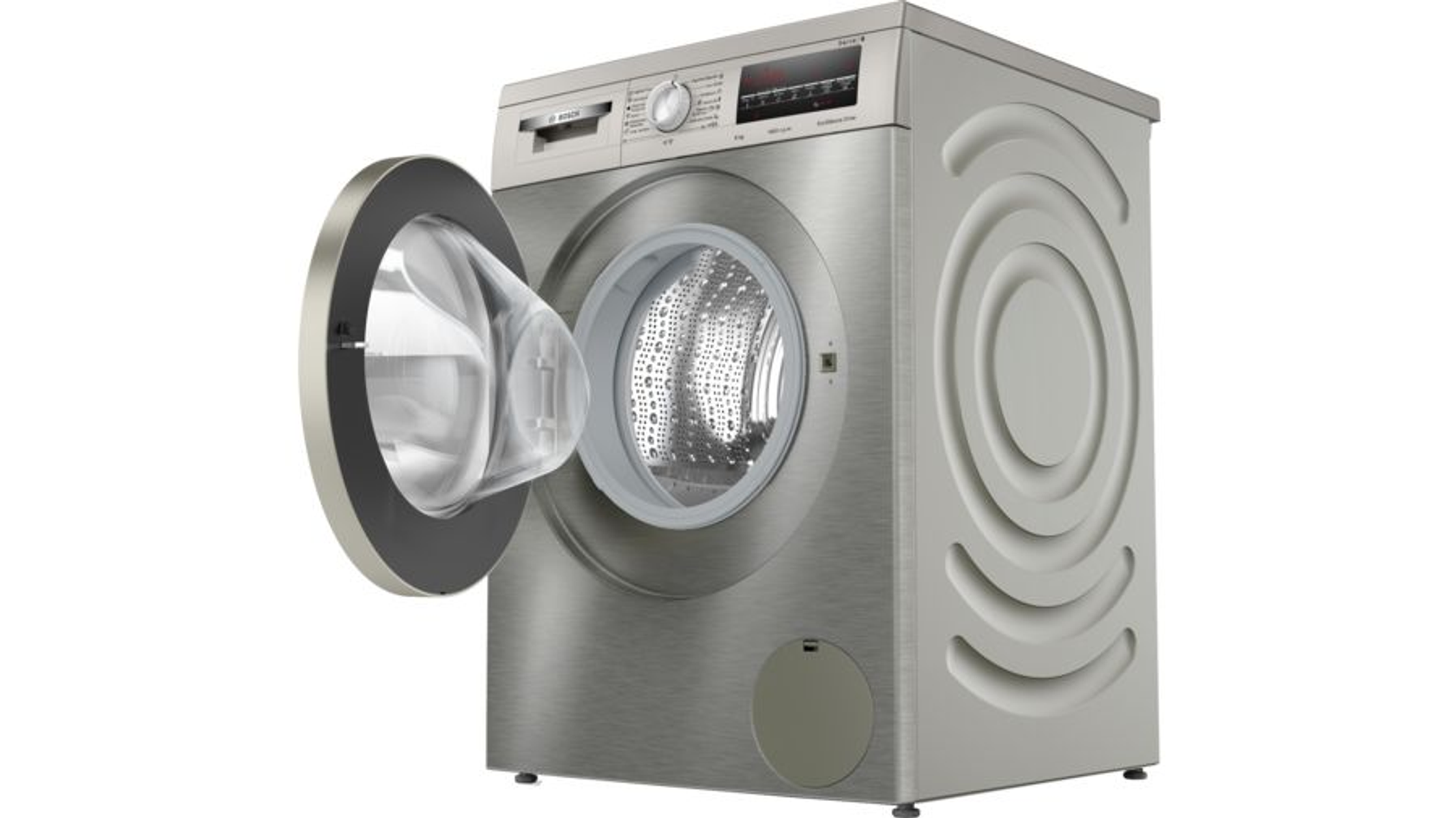 Silberne Waschmaschine mit offener Tür. Weiße Kleidung im Inneren. Silberner Rand um die Tür.