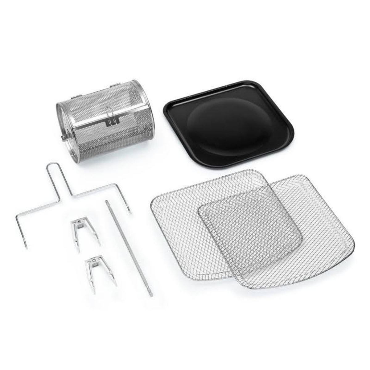 Accesorios de freidora de aire, incluyendo cesta, bandeja y rejillas metálicas.