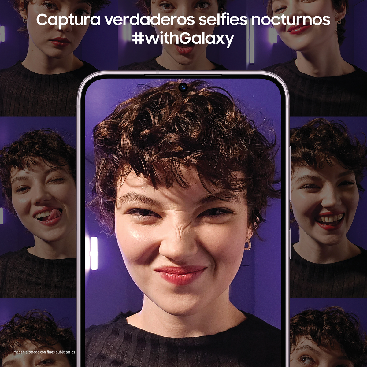 Kobieta uśmiecha się, trzymając telefon. Tło z wieloma podobnymi twarzami i tekstem.