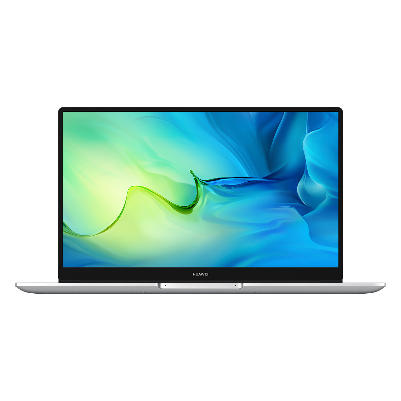 Silberner Laptop auf weißem Hintergrund. Der Bildschirm ist eingeschaltet und zeigt ein Wasserbild.