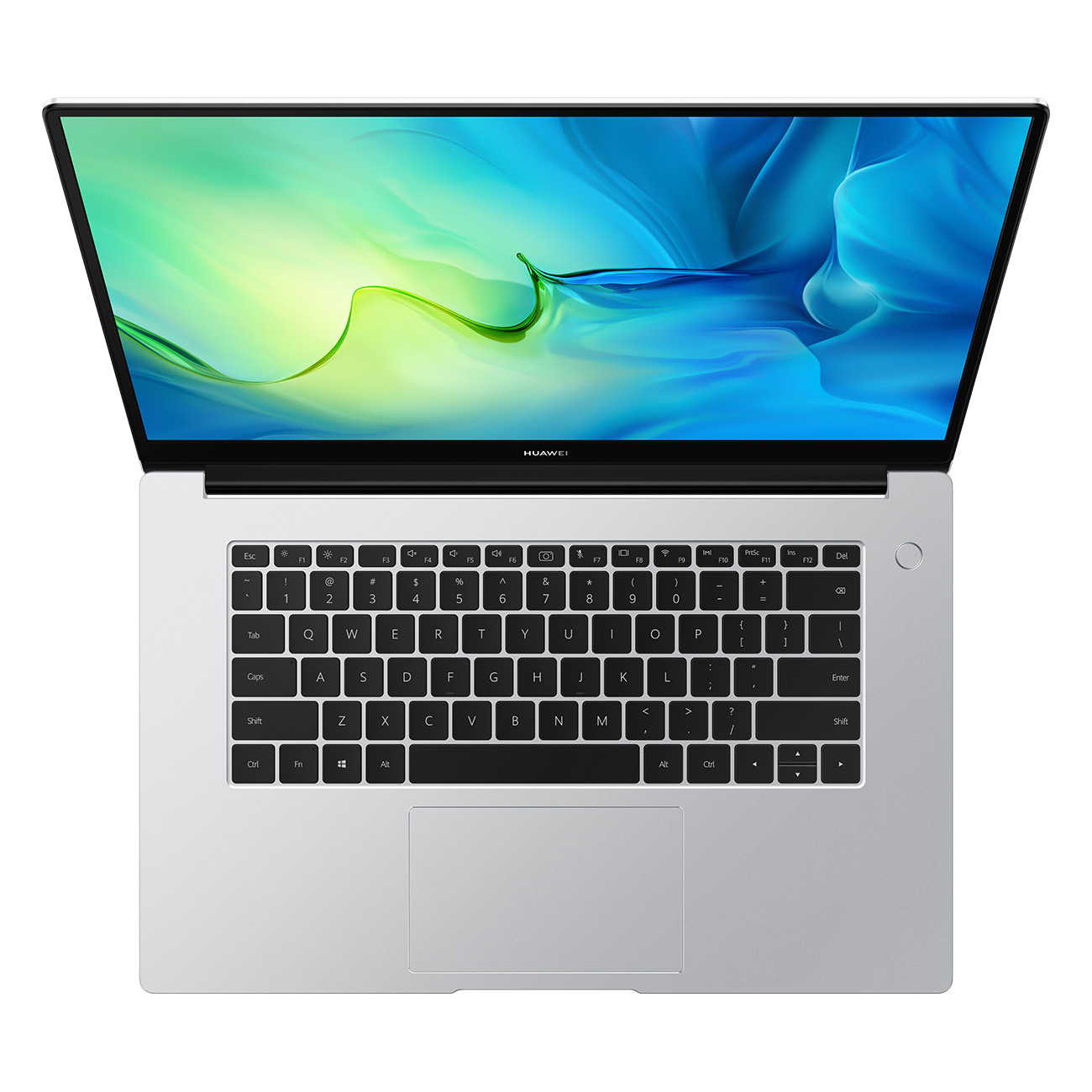 Laptop mit sichtbarer Tastatur. Silberne Farbe. Draufsicht, weißer Hintergrund.