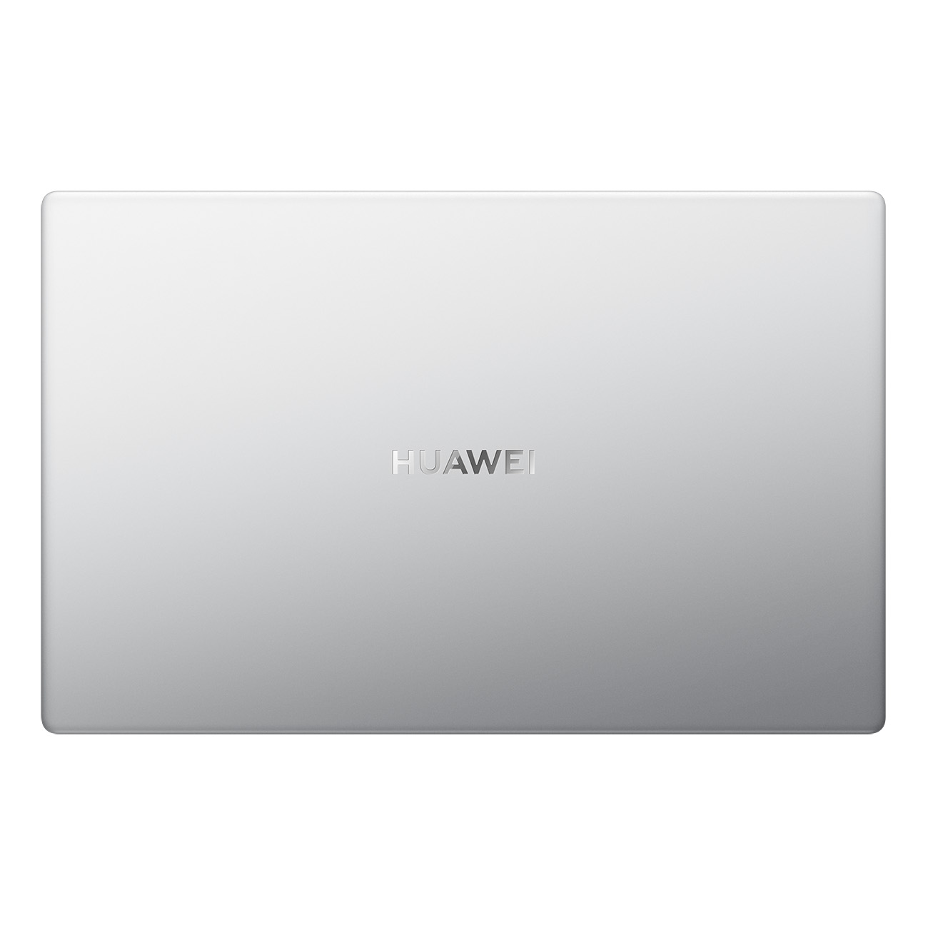 Silberner Laptop, Draufsicht. Zeigt das Huawei-Logo mittig auf dem Deckel.