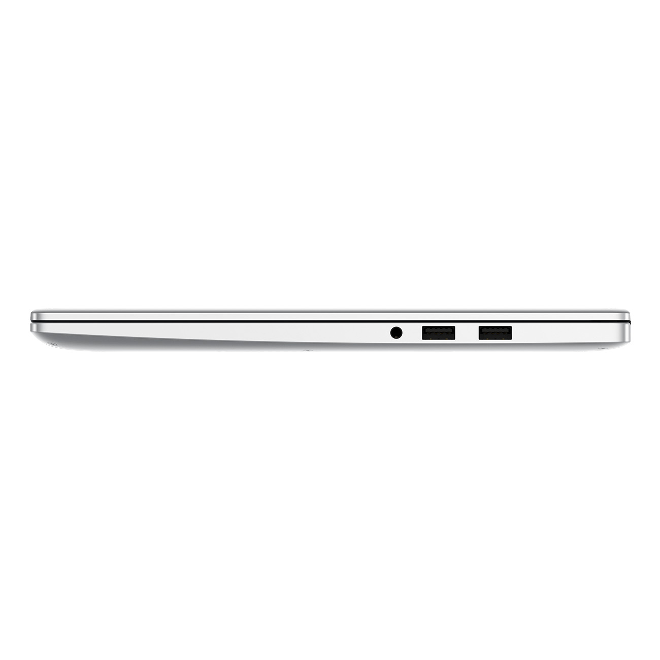 Seitenansicht eines weißen Laptops mit sichtbaren Anschlüssen.