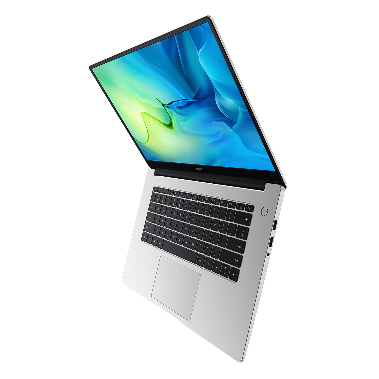 Silberner Laptop geöffnet. Schwarze Tastatur, weißer Bildschirm mit blauem und grünem Bild. Weißer Hintergrund.