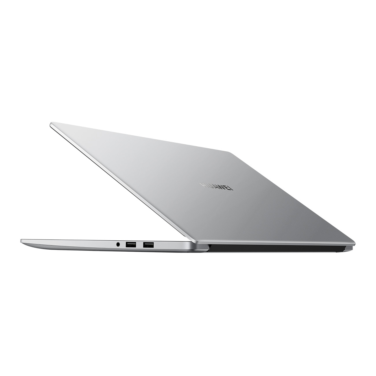 Ein silberner Laptop ist leicht geöffnet und zeigt eine Seitenansicht mit USB-Anschlüssen.