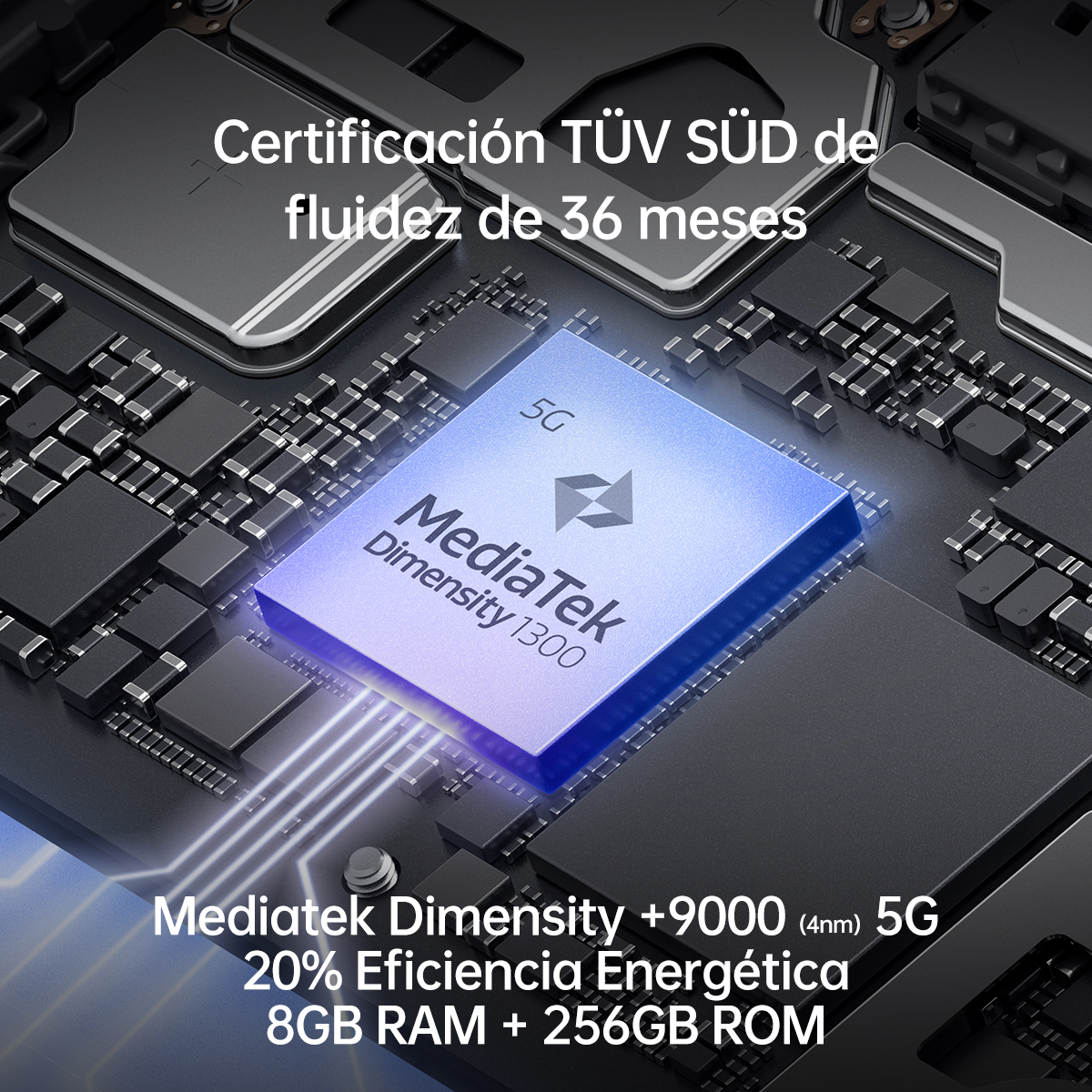 Płytka drukowana z niebieskim procesorem. Tekst: MediaTek Dimensity 1300.