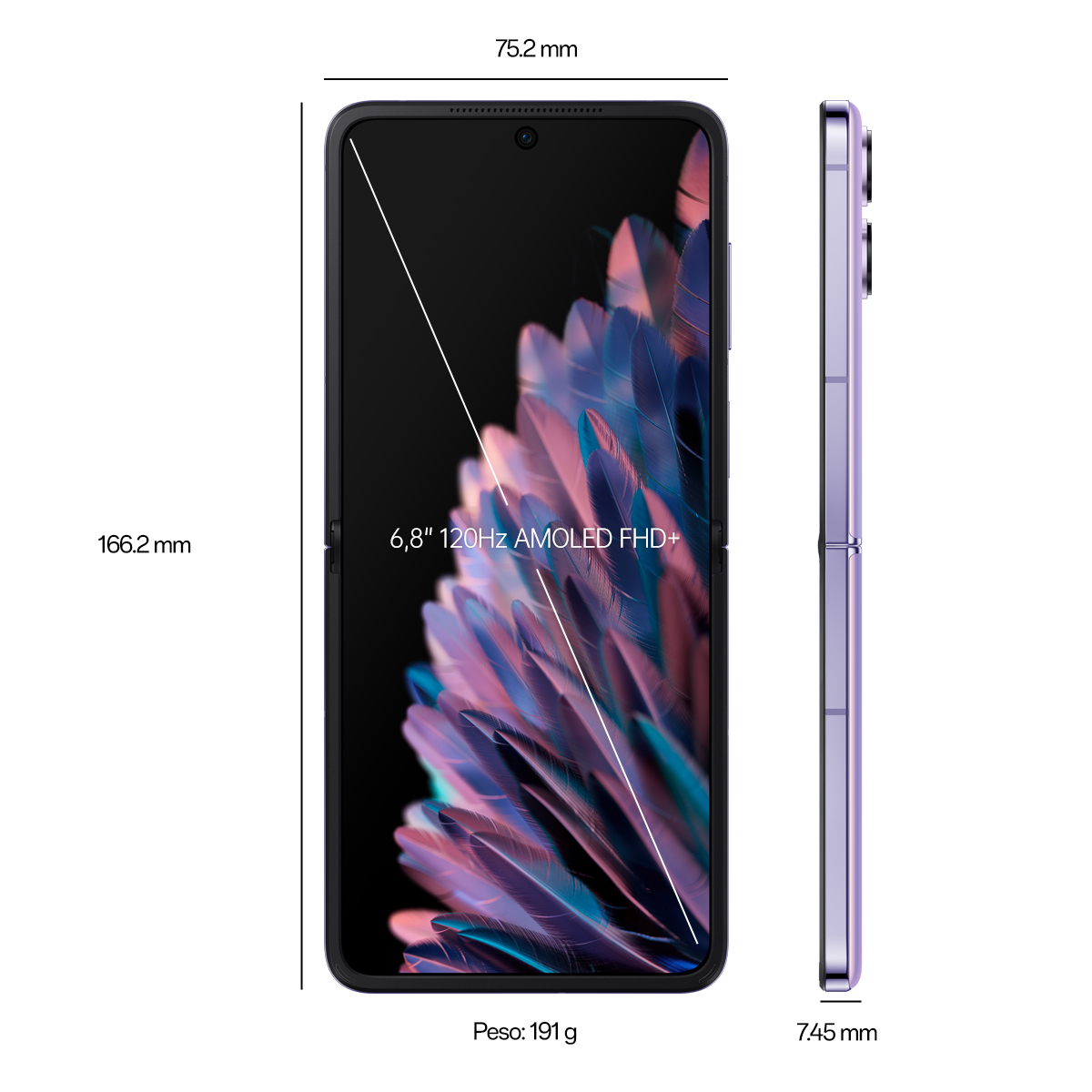 Un telefono viola Samsung Galaxy Z Flip, aperto con dimensioni.