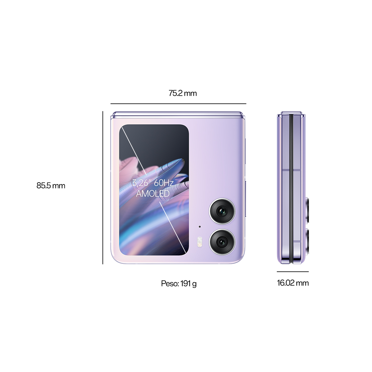Telefono viola pieghevole. Vengono mostrate dimensioni e specifiche.