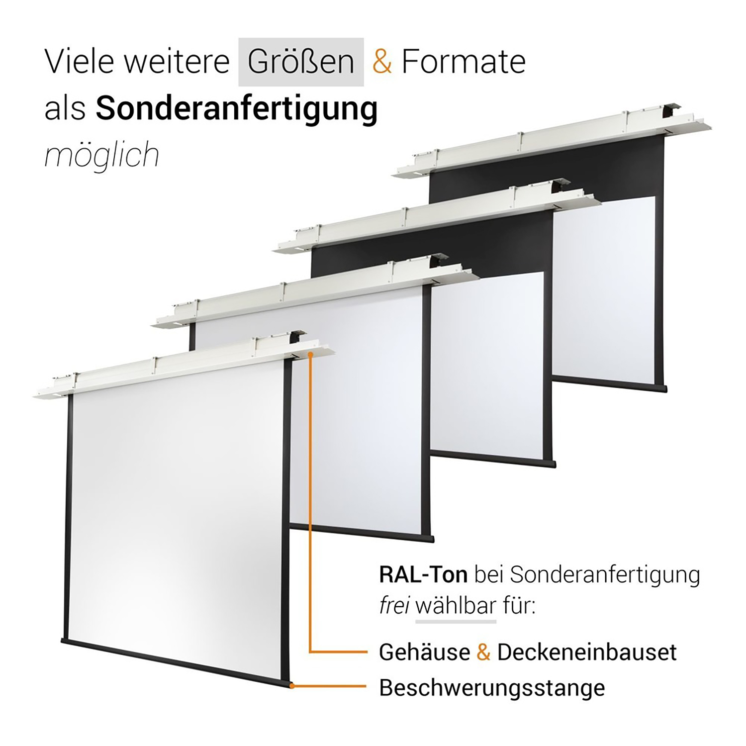 Mehrere Projektorleinwände, weiße Leinwände mit schwarzen Rändern, an der Decke befestigt. Text auf Deutsch.