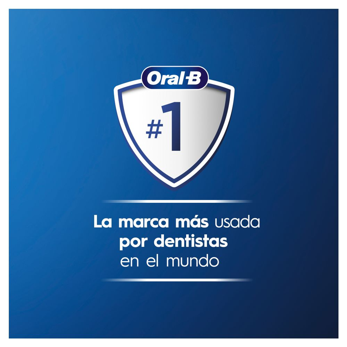 Logo Oral-B. Scudo blu con numero uno e testo: Il marchio più usato dai dentisti.