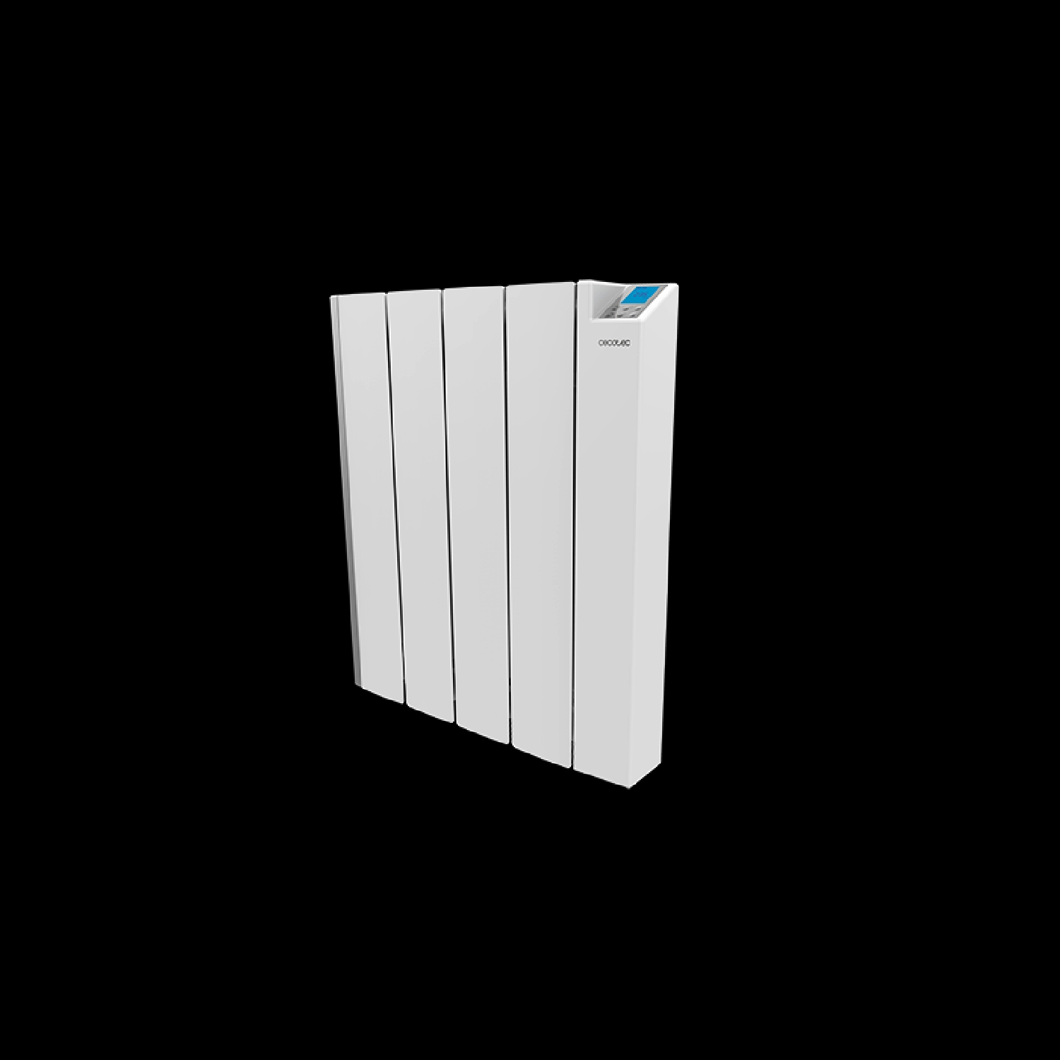 Radiatore elettrico bianco su sfondo nero. Logo CECOTEC in alto a destra.