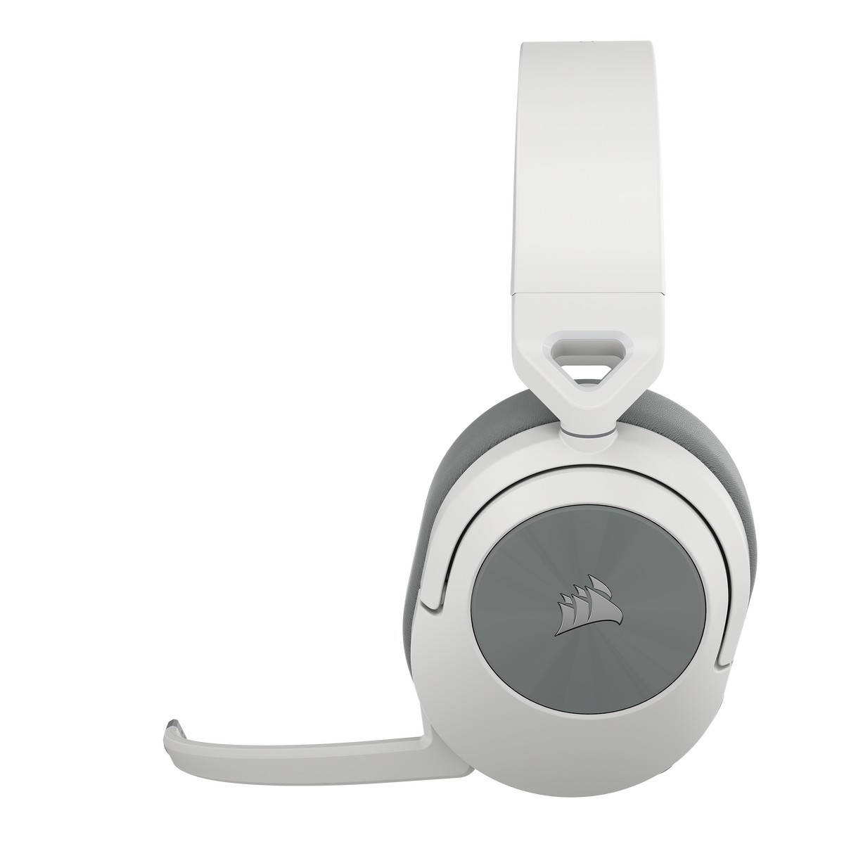 Biało-szary zestaw słuchawkowy z mikrofonem. Czarne tło.