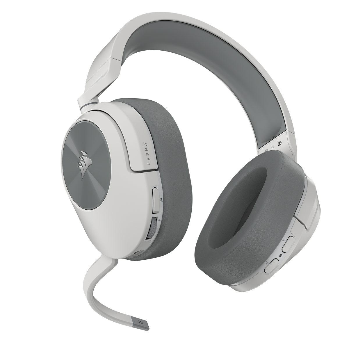 Biało-szare słuchawki gamingowe Corsair. Posiadają mikrofon i nauszniki.