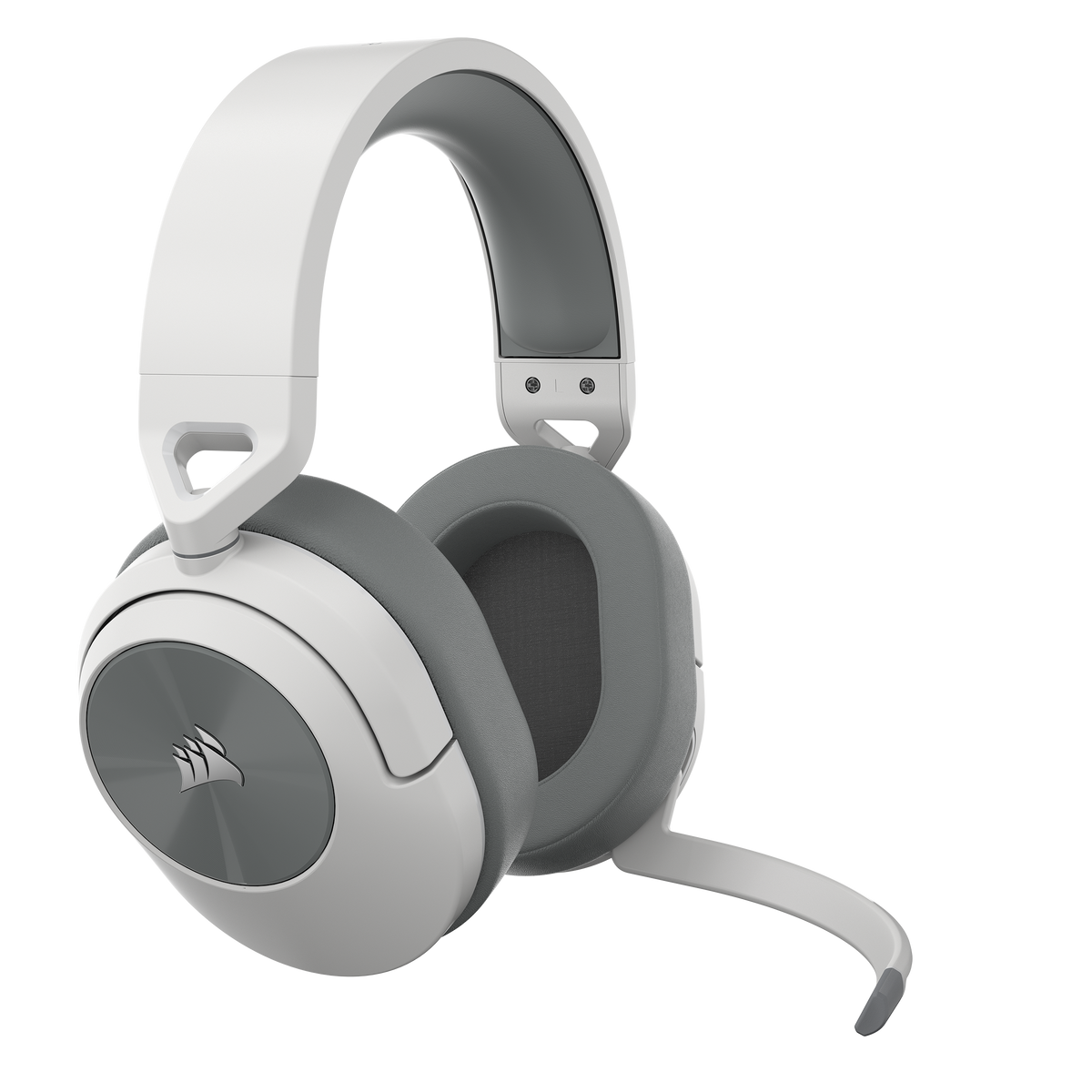 Biało-szary zestaw słuchawkowy dla graczy z mikrofonem, wyizolowany na ciemnym tle.