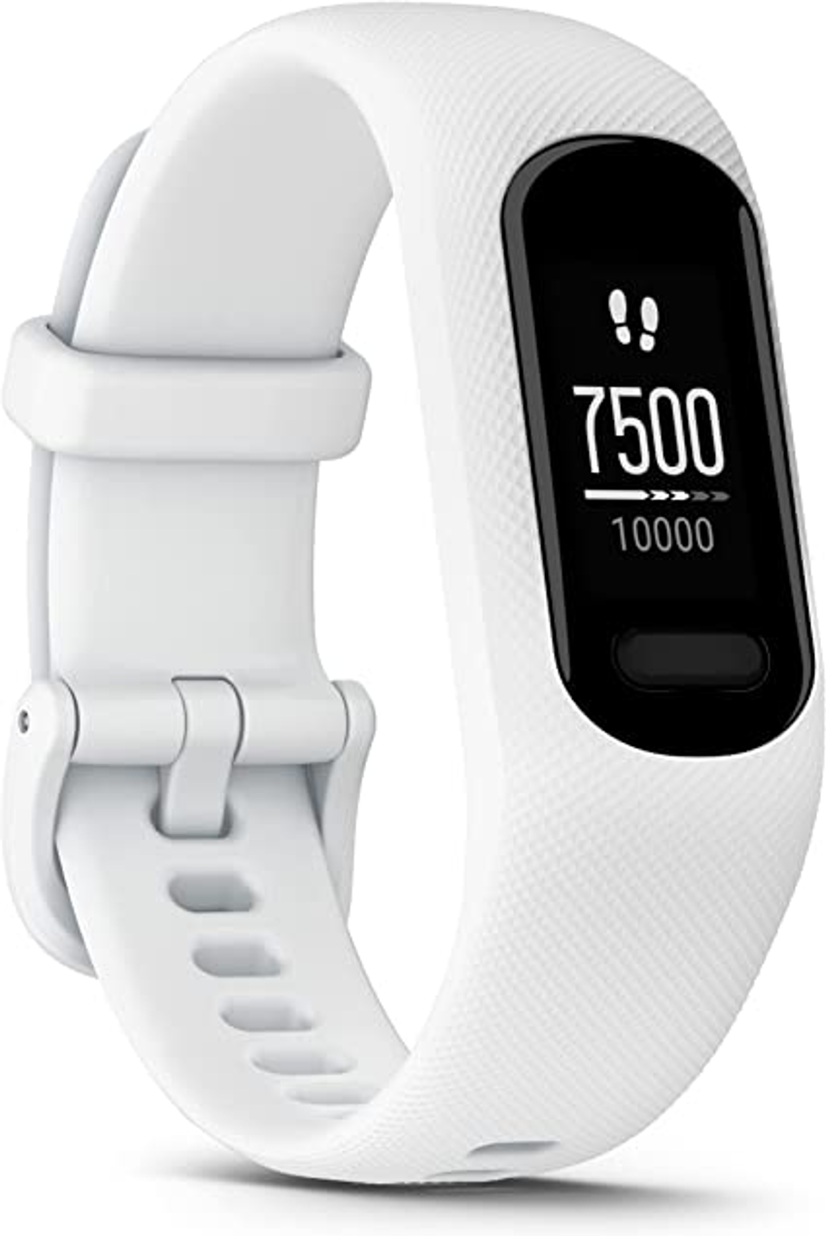 A white fitness tracker watch. It shows a black screen with steps and progress.