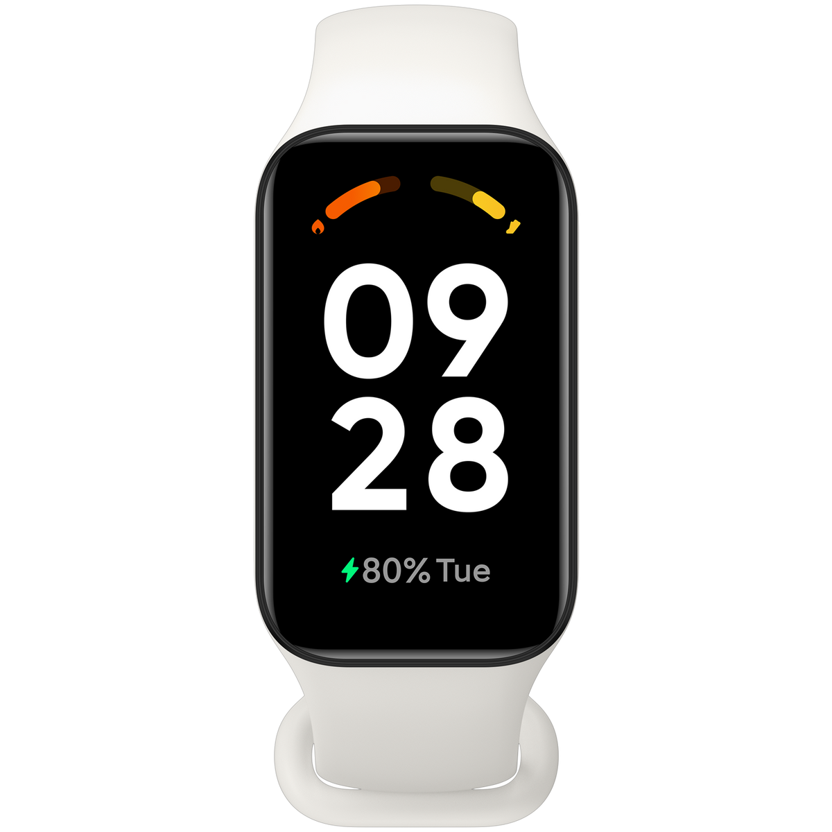 Smartwatch z białym paskiem. Czarny ekran pokazuje 09:28, 80% baterii i Tue. Pomarańczowe i żółte paski na górze.
