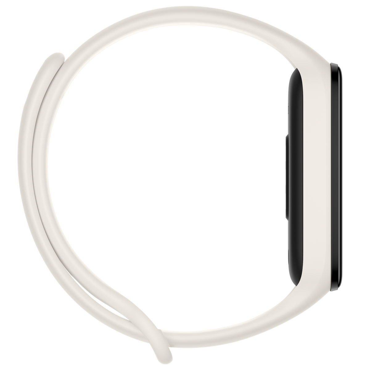 Kremowy smartwatch z czarnym ekranem i kremowym paskiem, widok z boku.