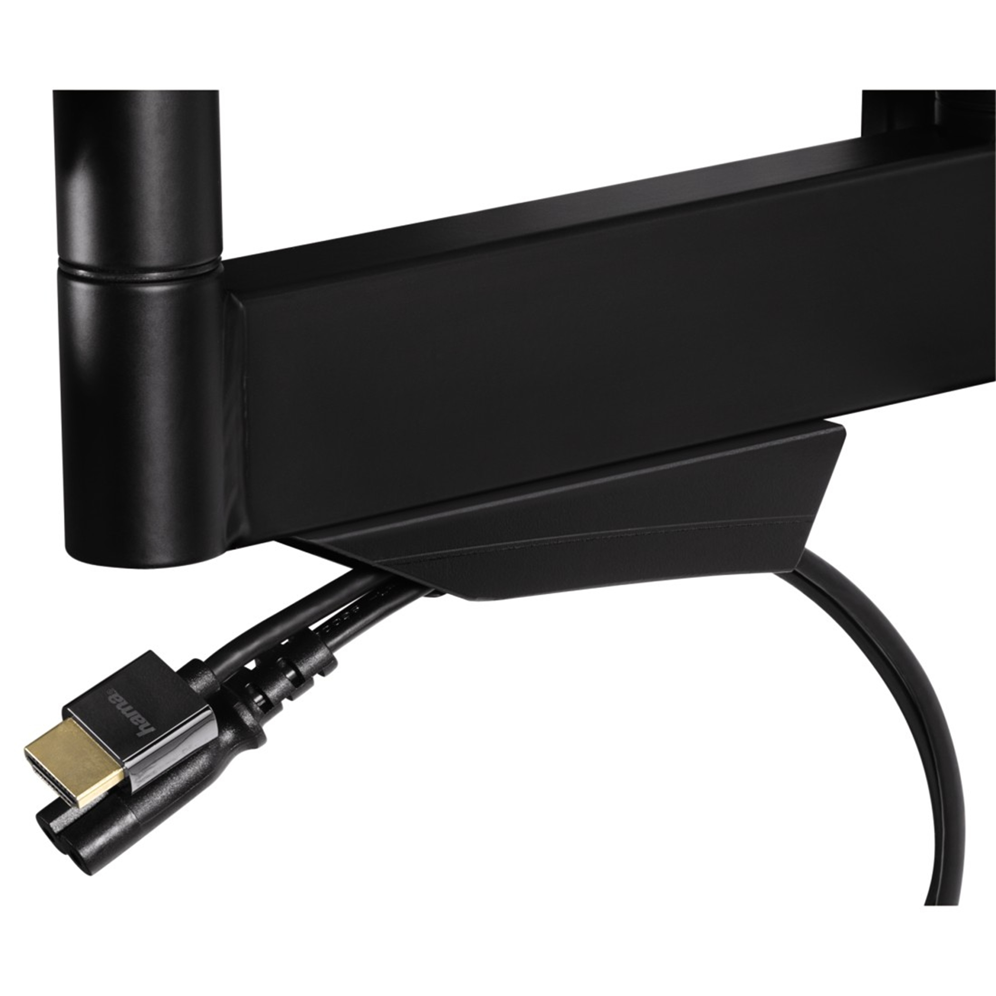 Close-up van een zwarte tv-montagearm met een aangesloten HDMI-kabel.