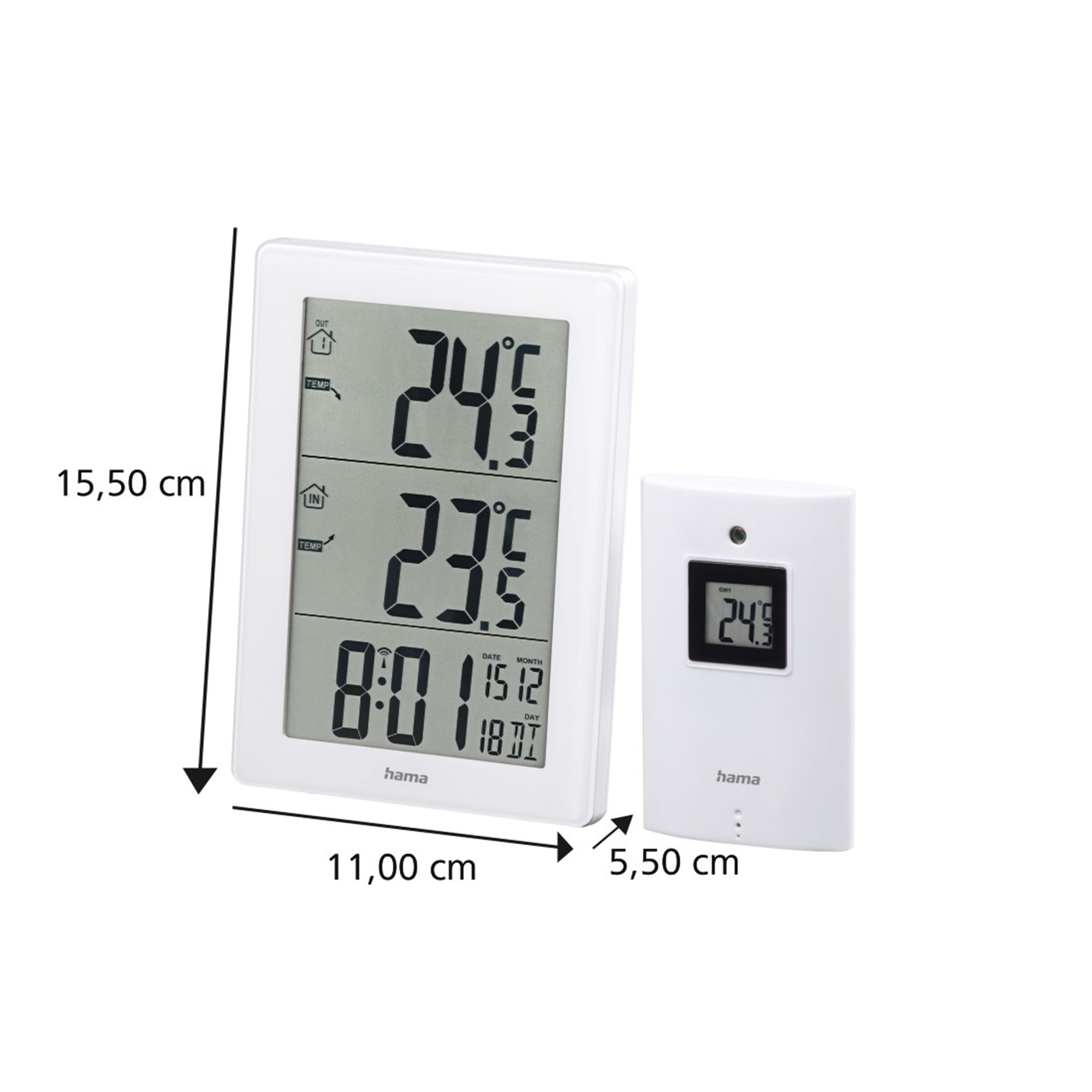 Termómetro digital blanco con dos pantallas y unidad de sensor separada y más pequeña. Se muestran dimensiones.