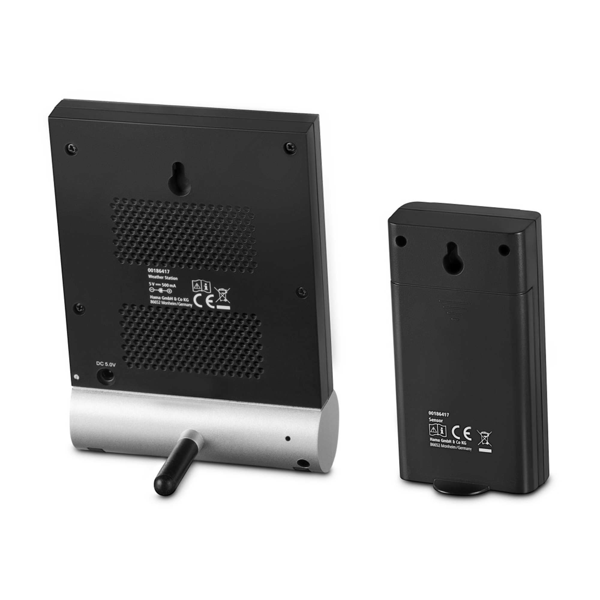 Dwie czarne stacje pogodowe. Jedna to stacja główna, a druga to mniejszy, odłączony czujnik.