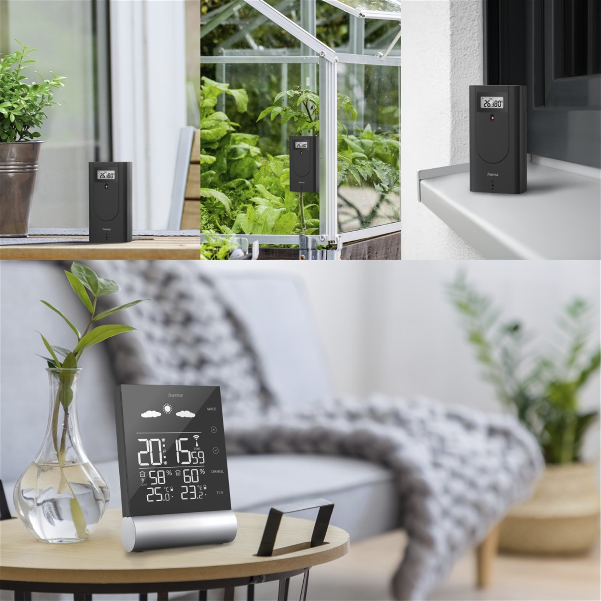 Seria stacji pogodowych, pokazujących różne rozmieszczenia i wyświetlacze z temperaturą i czasem.