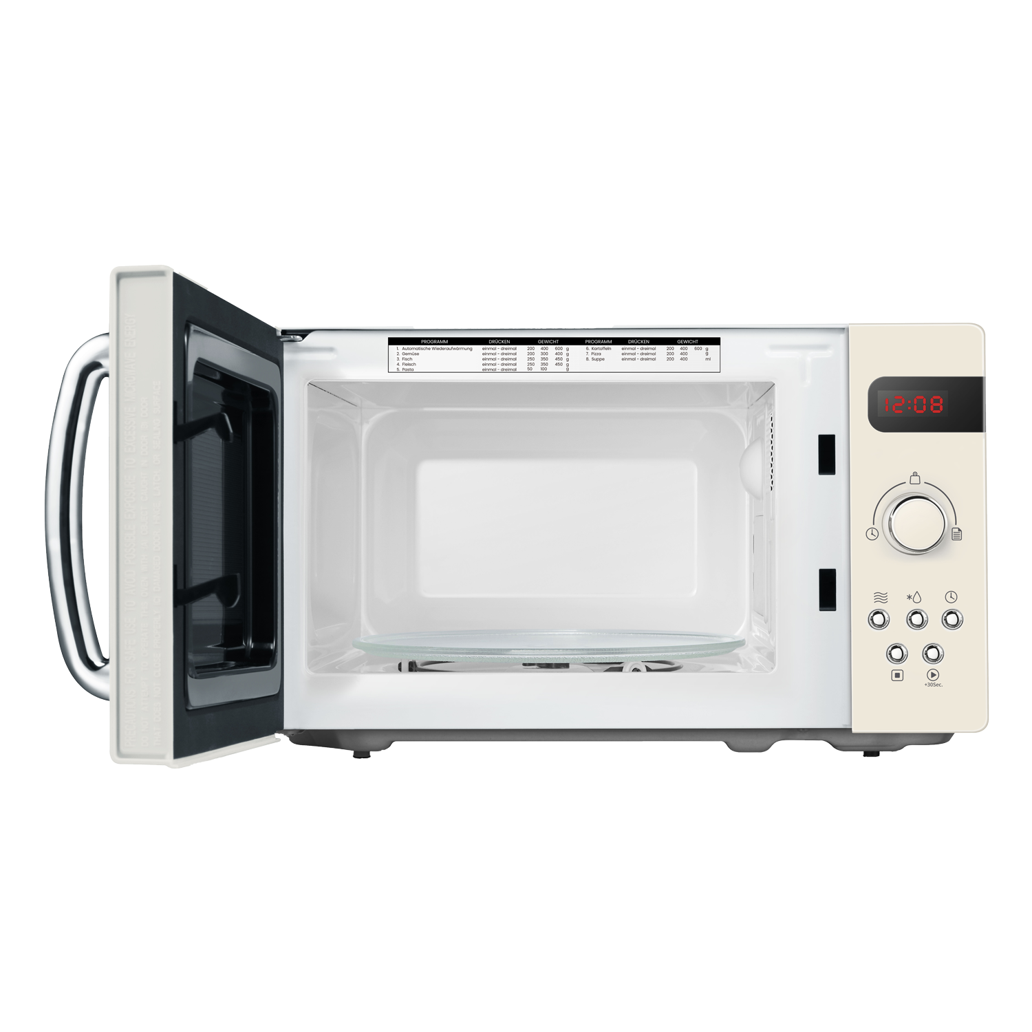 Forno a microonde bianco con la porta aperta, che mostra l'interno con un piatto di vetro.
